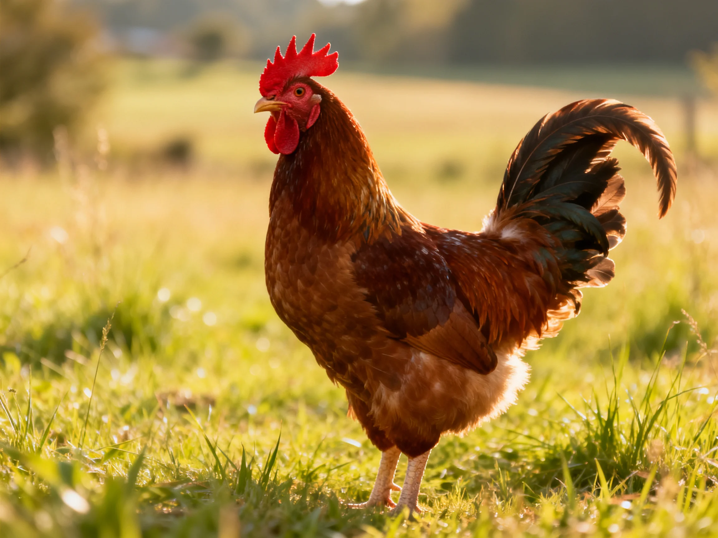 A brown rooster stands in a sunlit green field with blurred trees in the background.