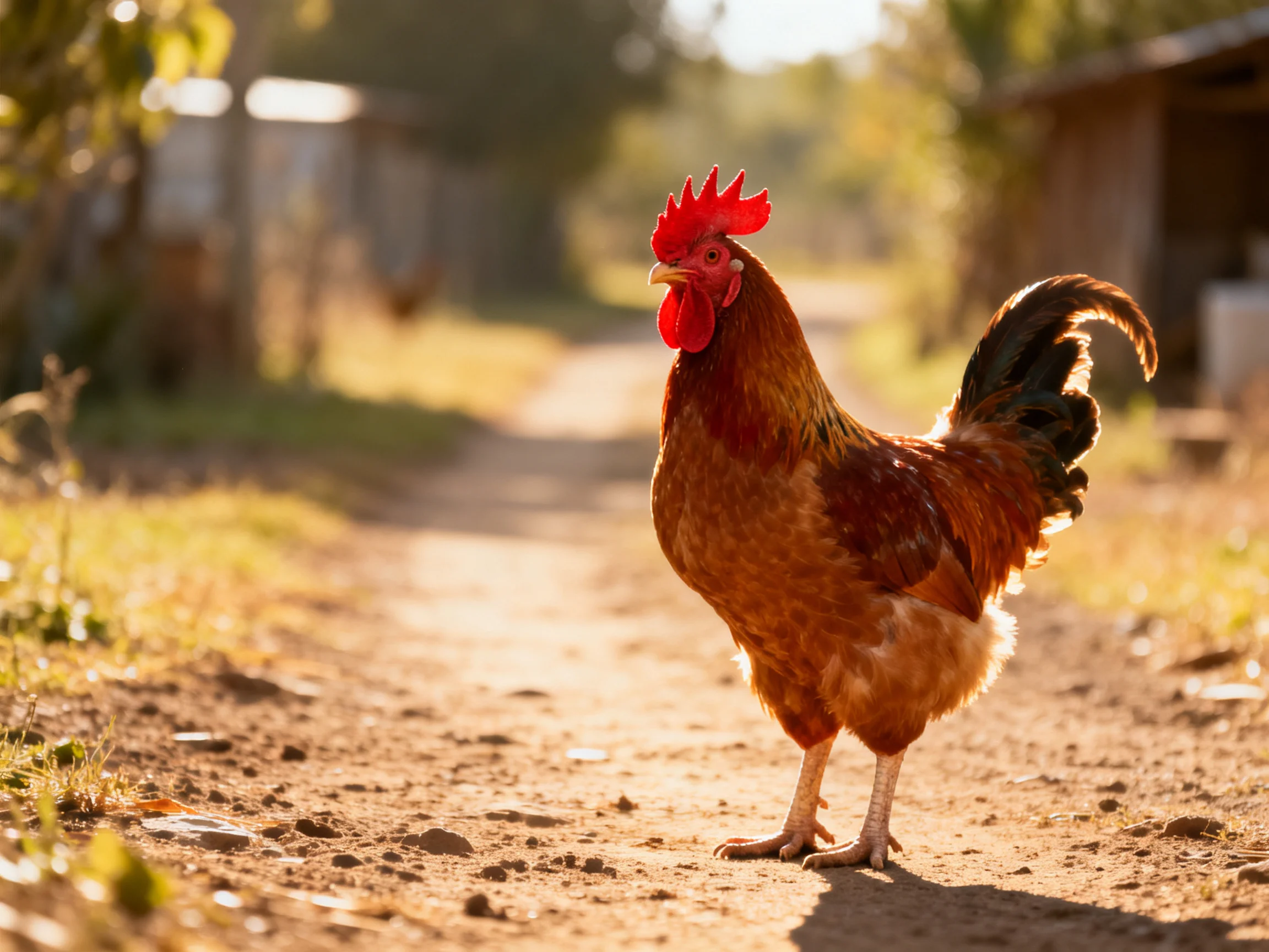 A vibrant brown rooster stands on a sunlit dirt path near rural structures