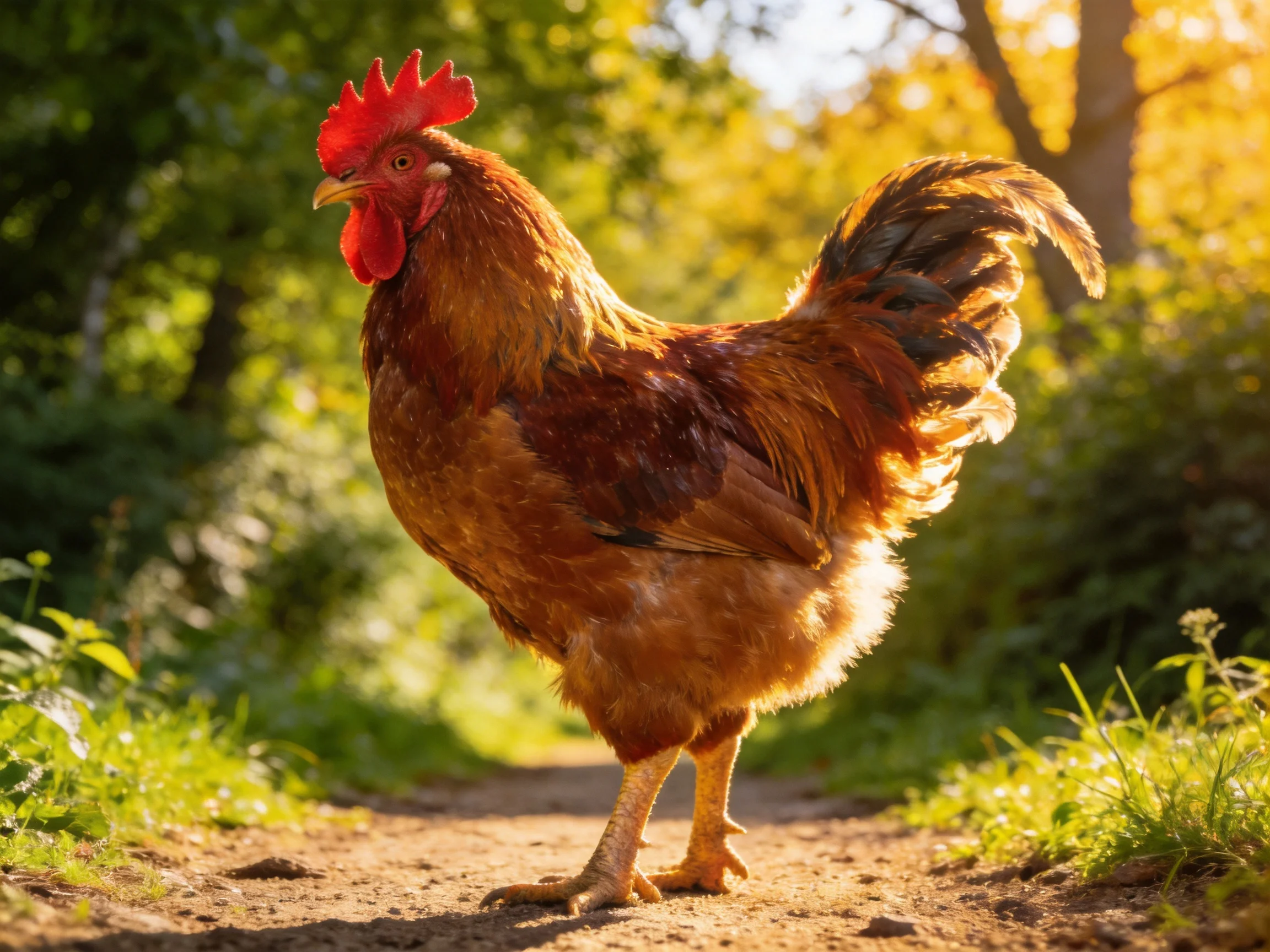 A brown rooster stands on a sunlit path surrounded by greenery.