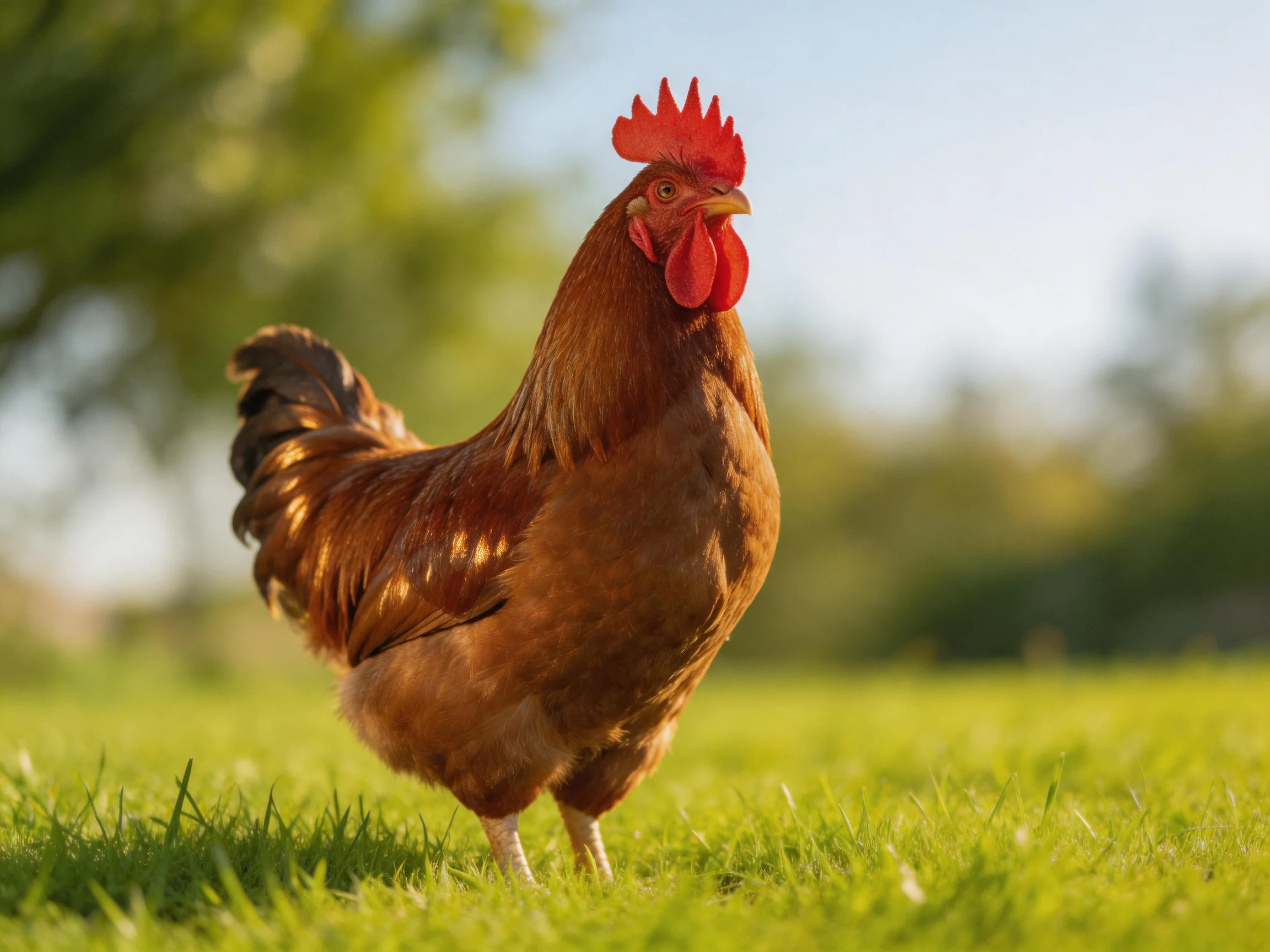 A vibrant brown rooster stands on lush green grass in natural daylight