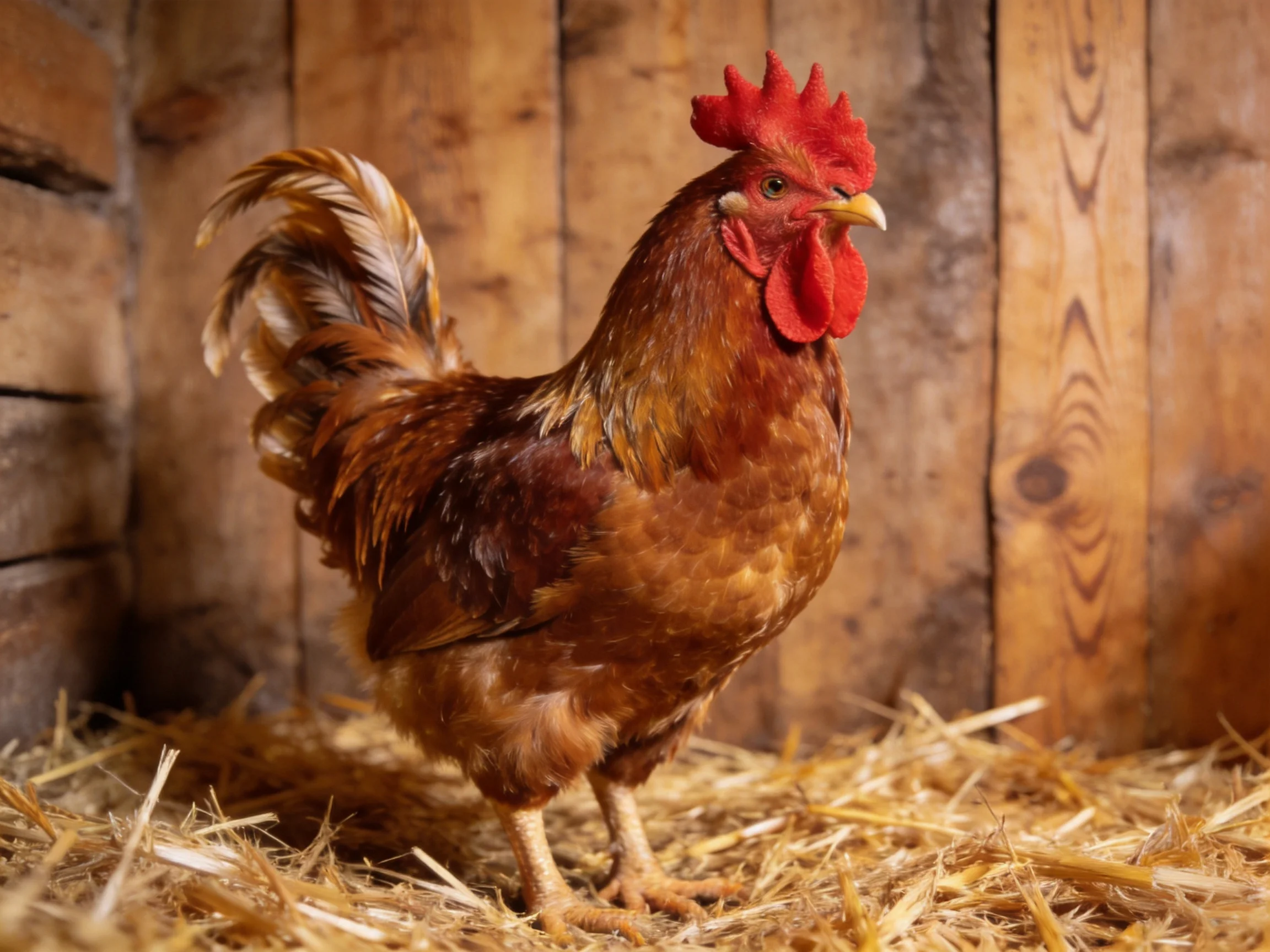 A vibrant brown rooster stands on straw inside a wooden coop