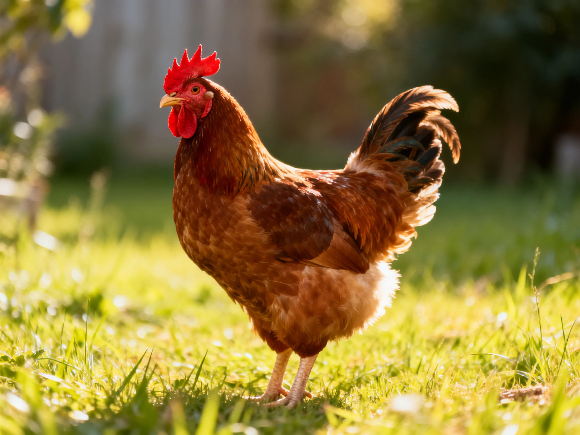 A brown rooster with a red comb stands on grass in a sunlit outdoor area.