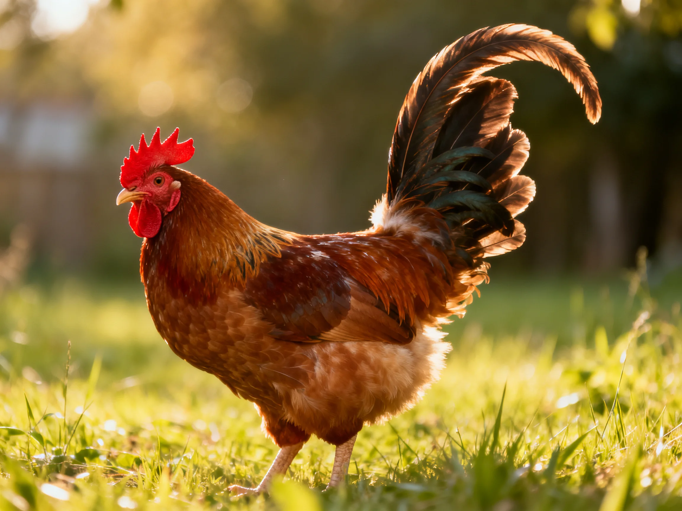 A rooster with a red comb moves through sunlit grass