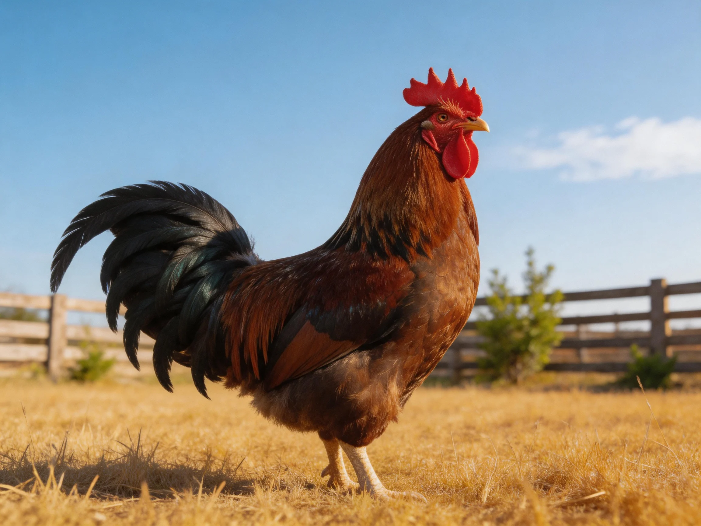 A rooster with colorful plumage stands on dry grass beside a wooden fence.