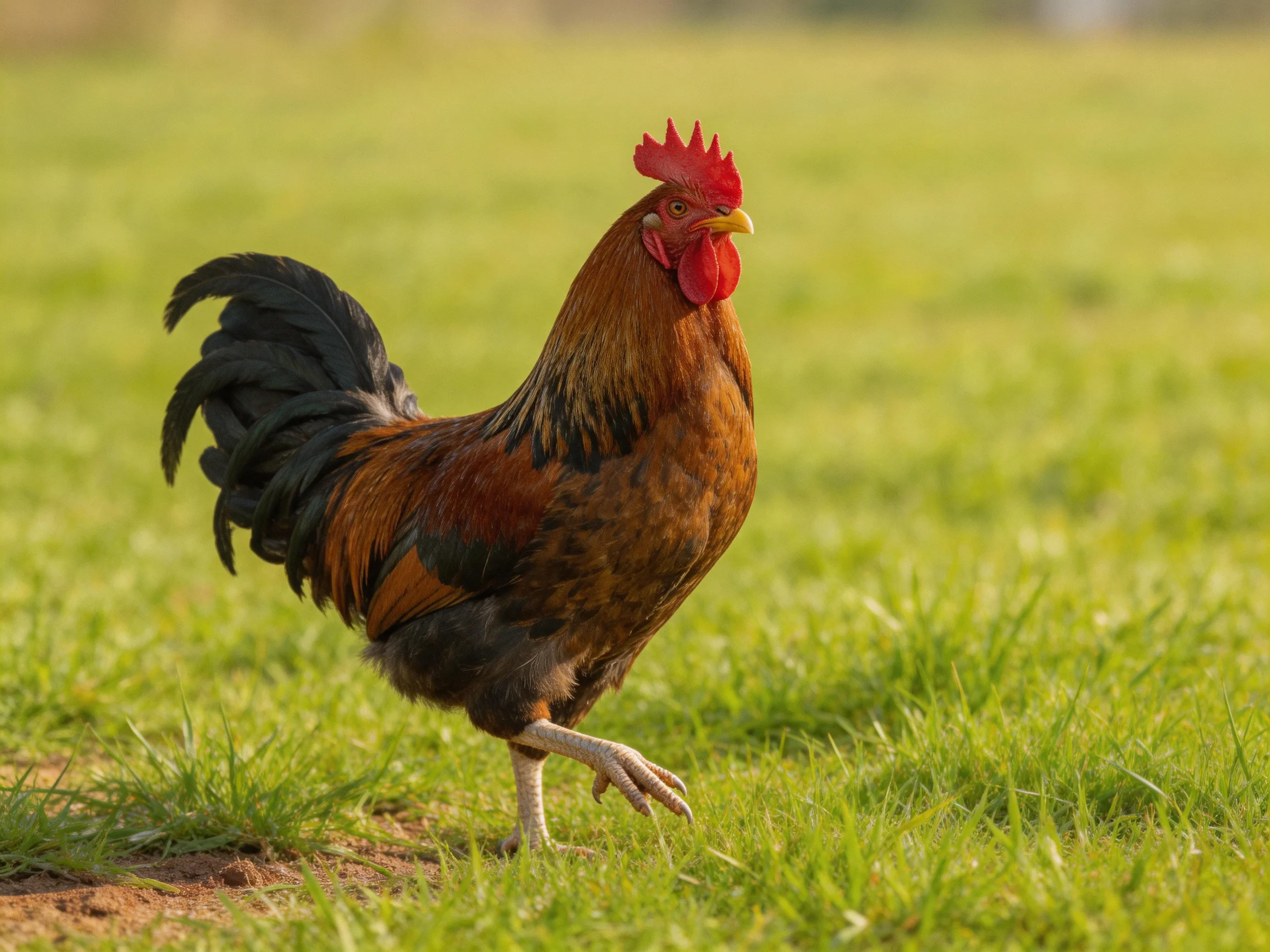 A rooster walks through a sunlit meadow of green grass.