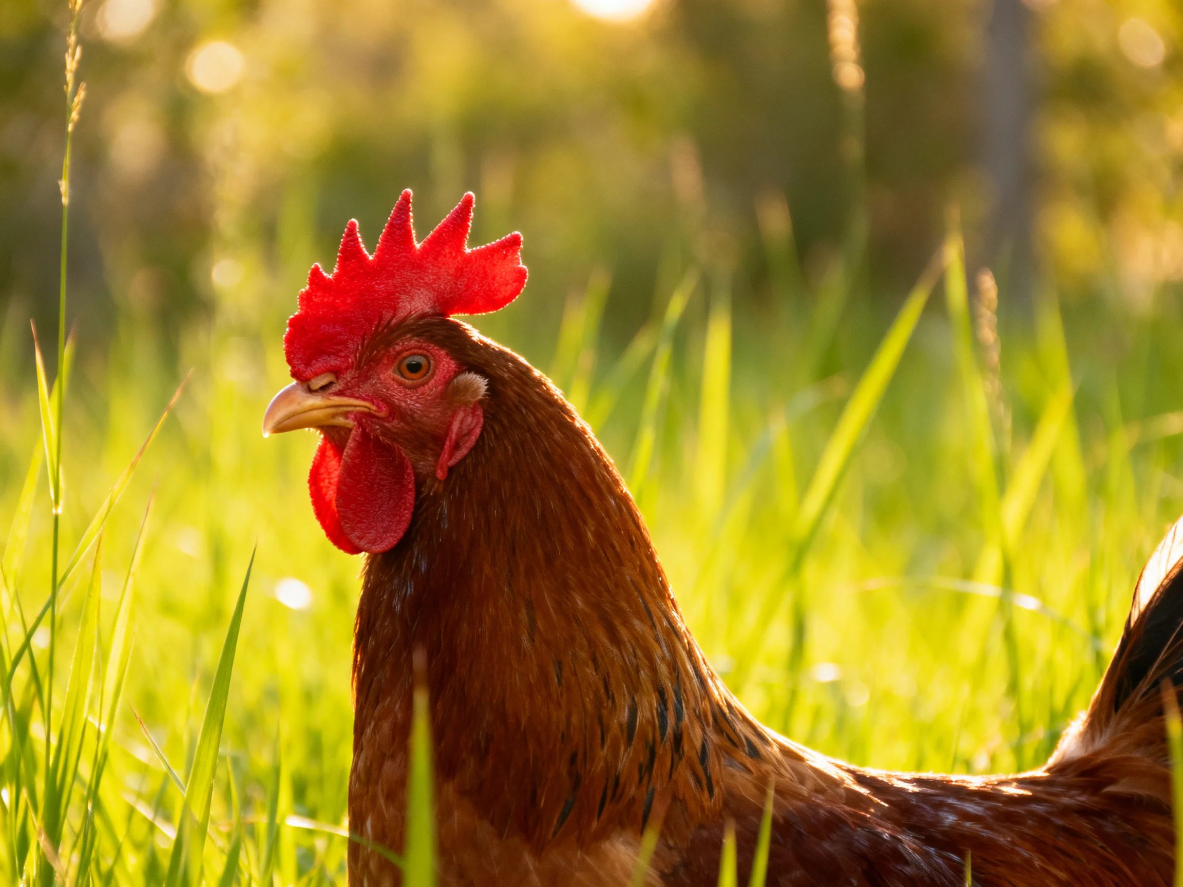 A vibrant brown rooster with bright red comb in sunlit green grass