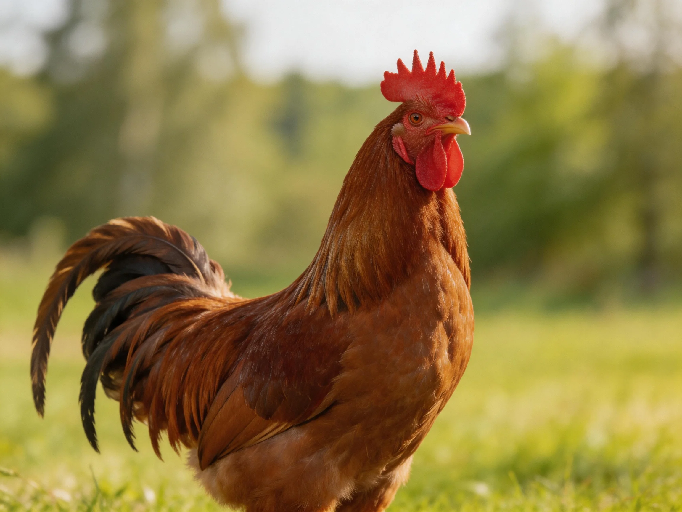 A rooster with reddish-brown plumage stands alertly in an open green field.