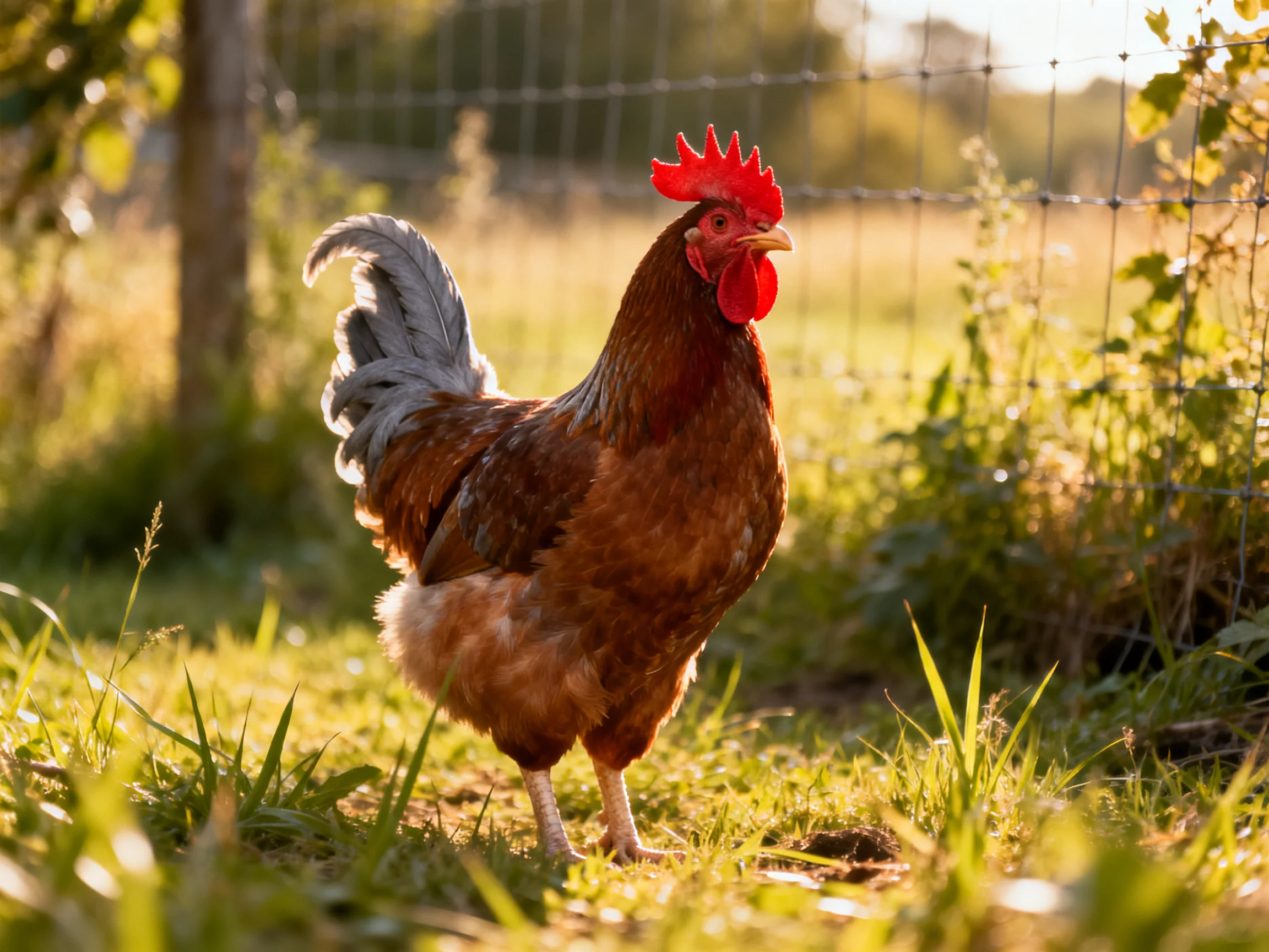 A rooster with a bright red comb stands in a sunlit grassy area near a fence.