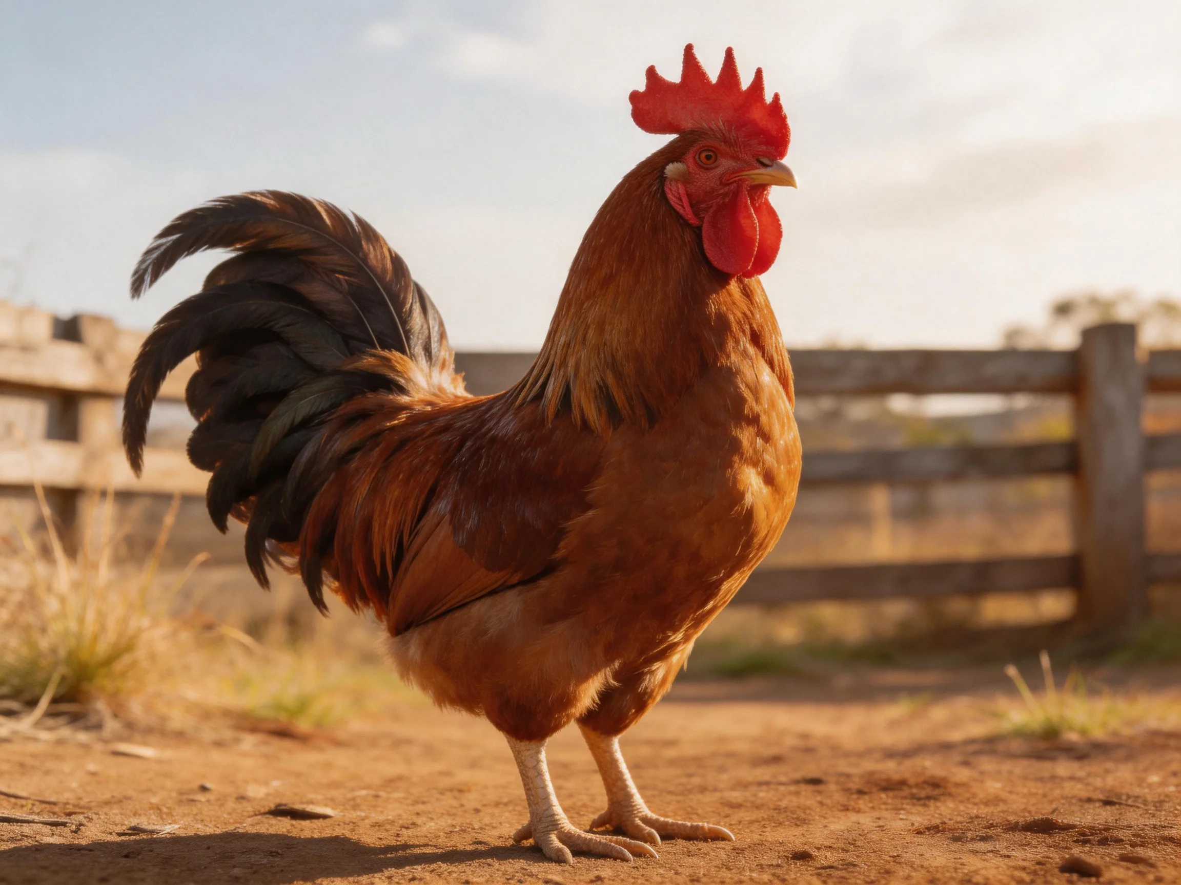 A brown rooster with a red comb stands near a wooden fence in an outdoor farm environment.
