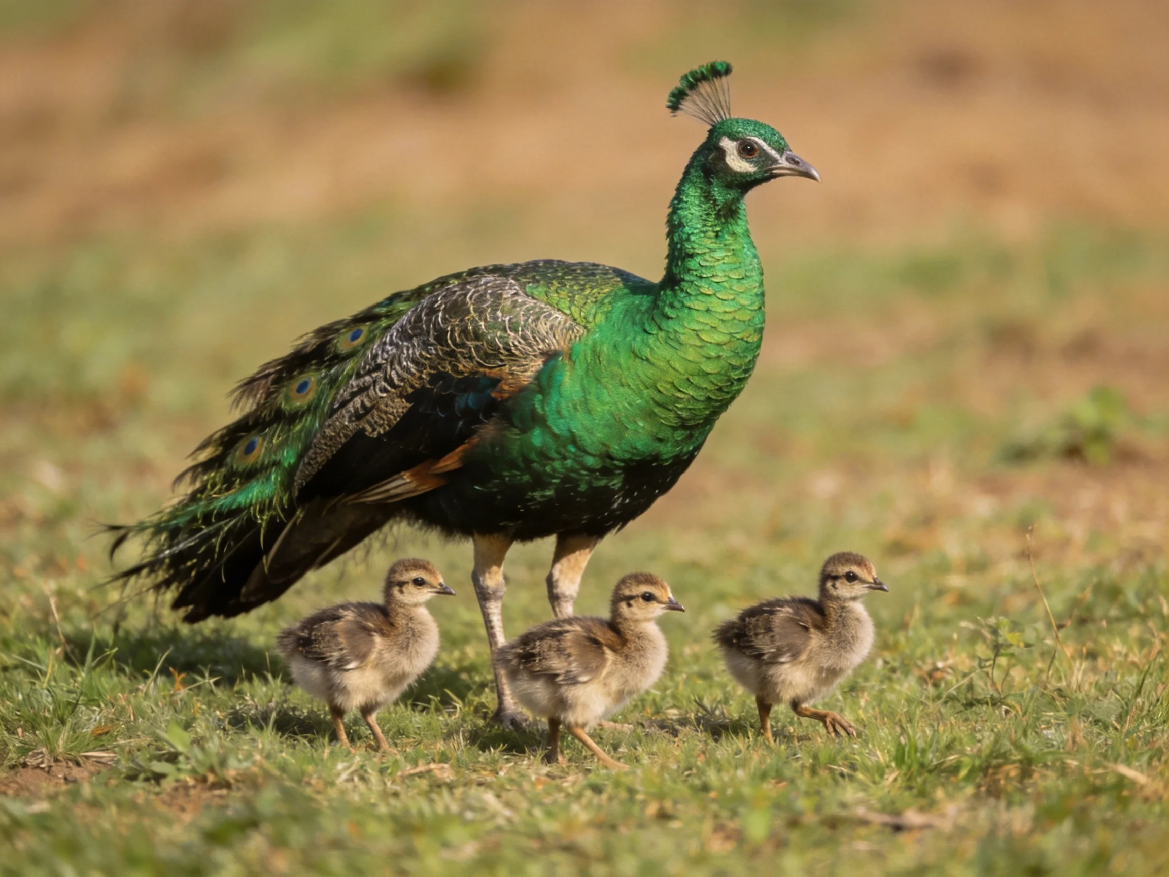 A vibrant green peacock with three brown chicks on grassland