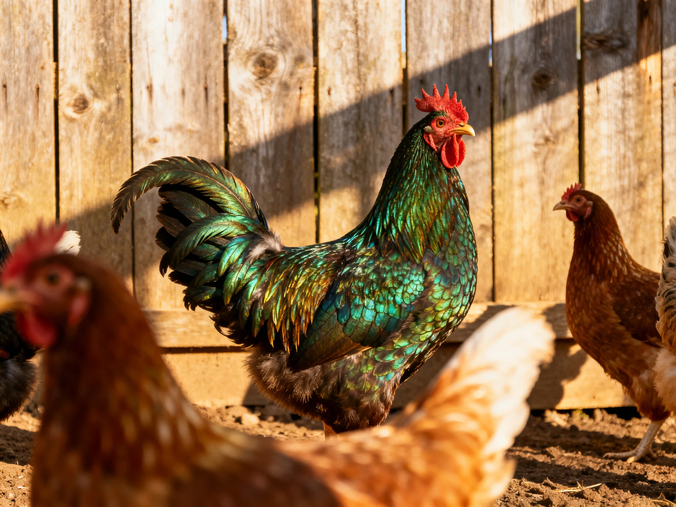 A vibrant green rooster among brown chickens near a wooden fence