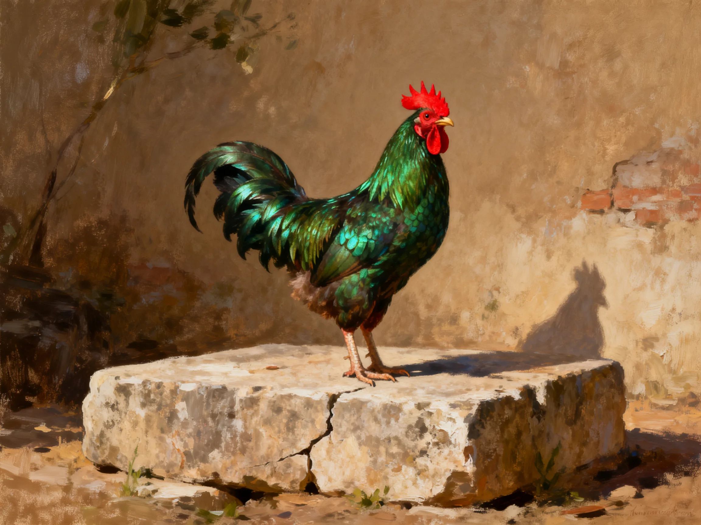 A vibrant green rooster stands on a weathered stone slab near an aged wall