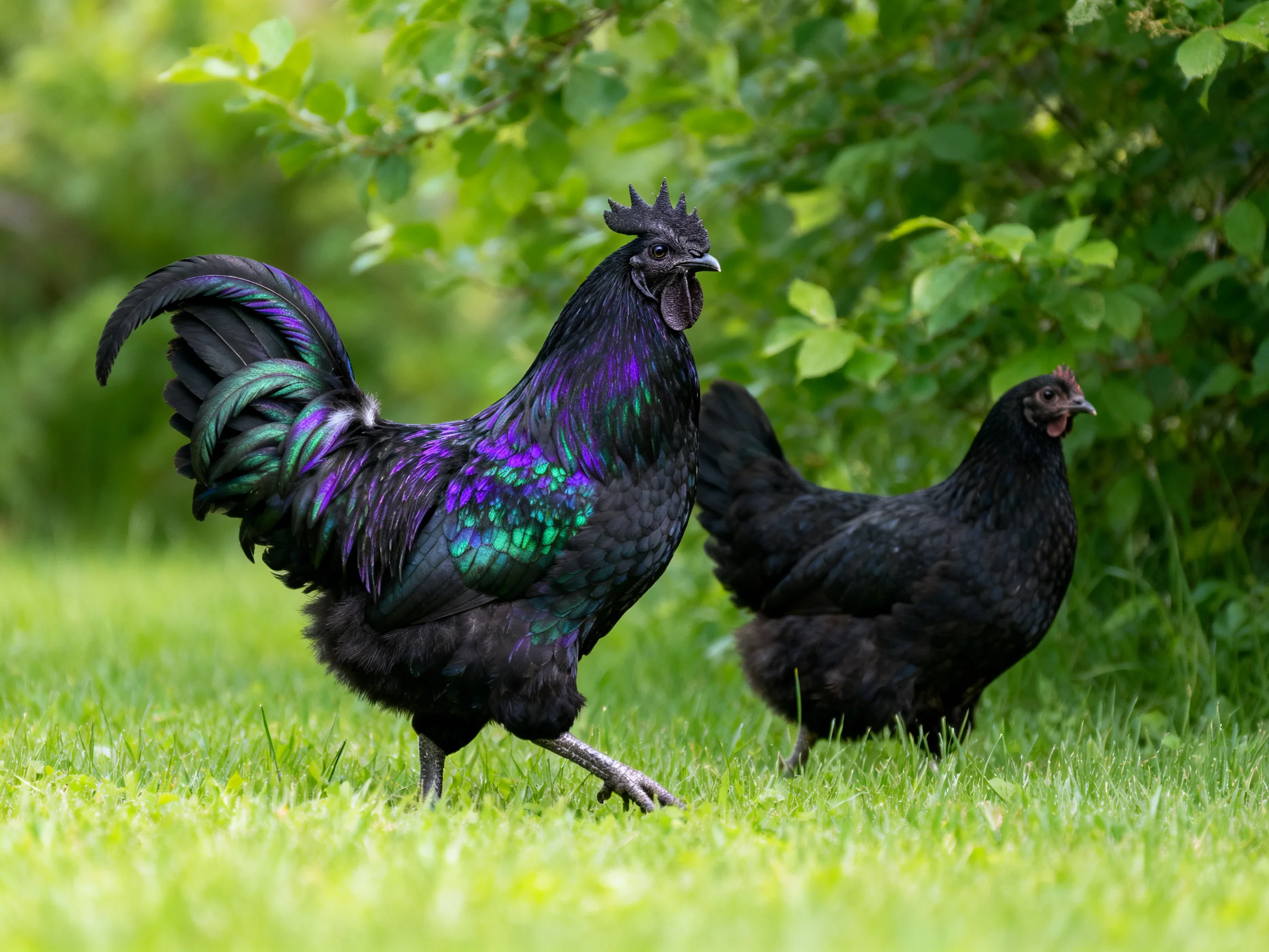 A vibrant iridescent rooster and black hen explore lush green grass