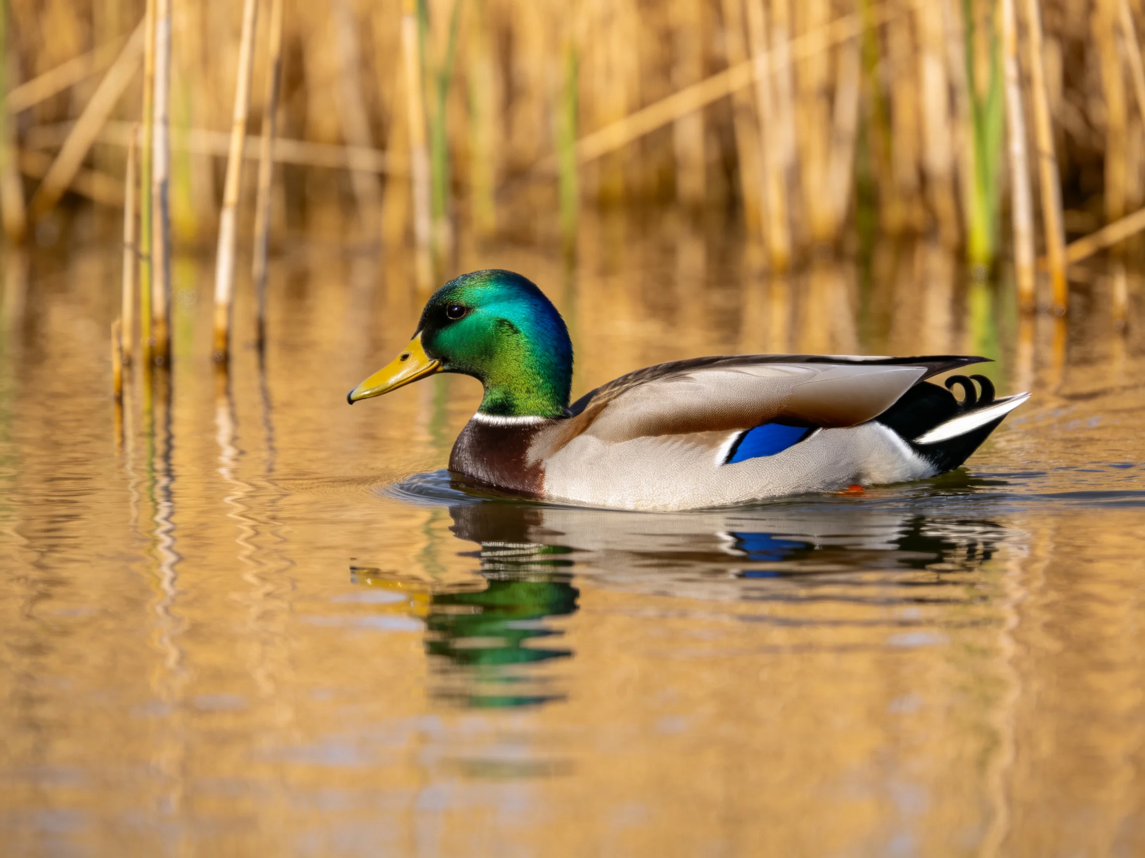 A vibrant male mallard duck glides through calm water near golden reeds