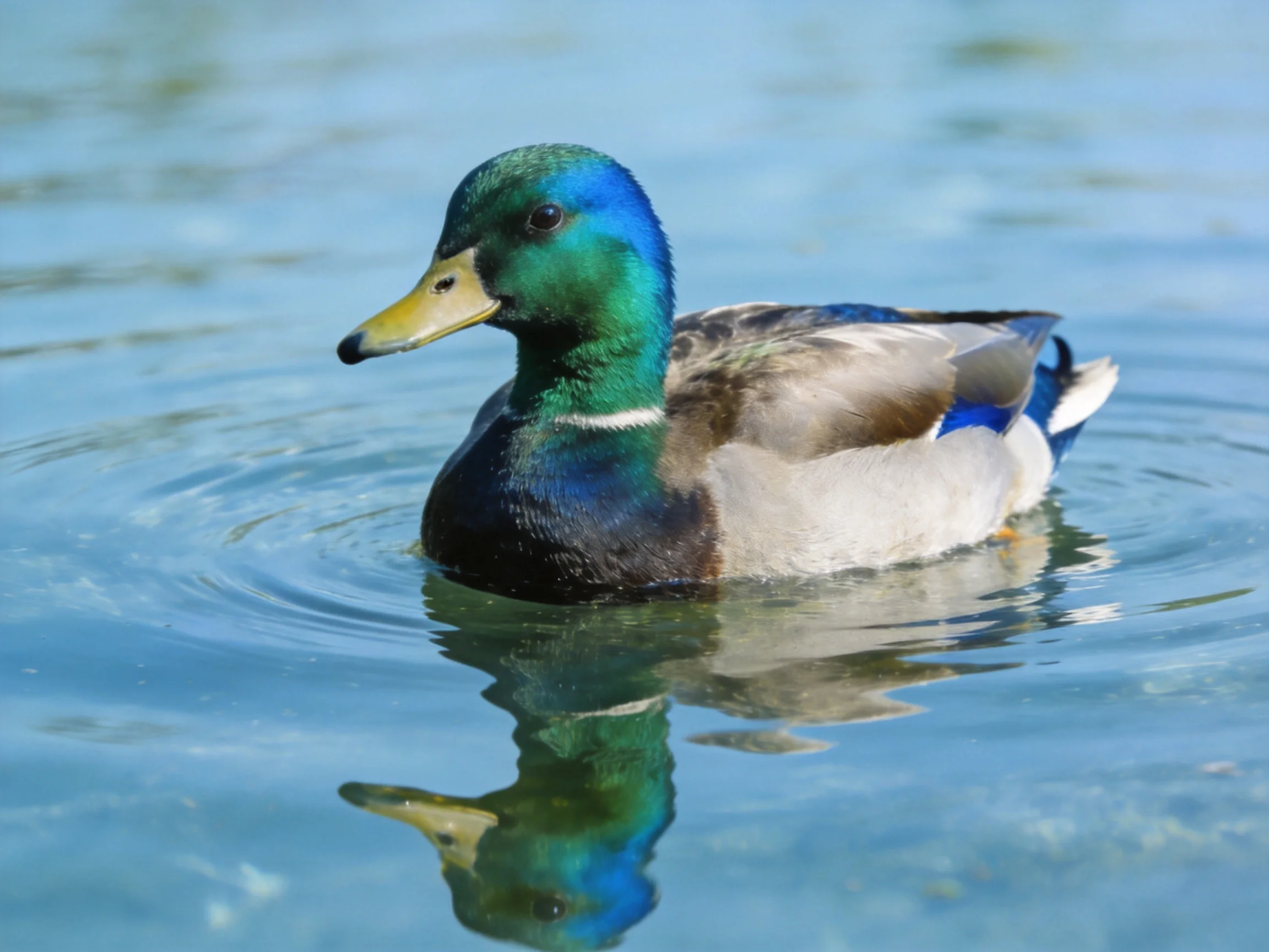 A vibrant male mallard duck swimming in calm blue water