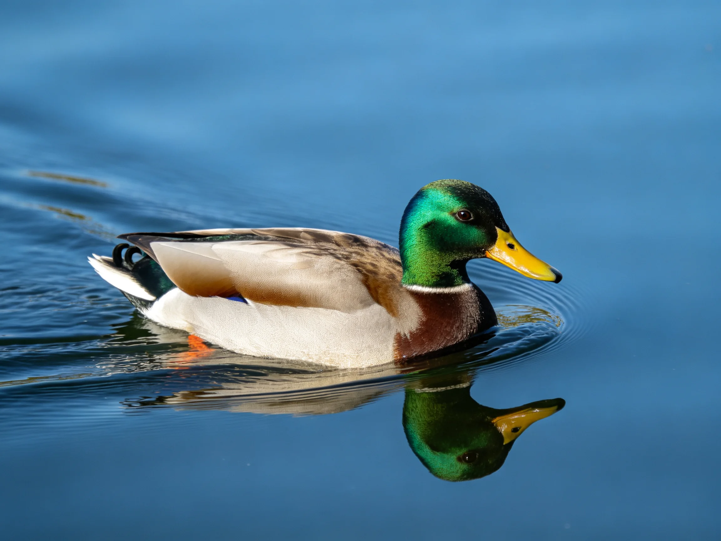 A vibrant mallard duck gliding on calm blue water