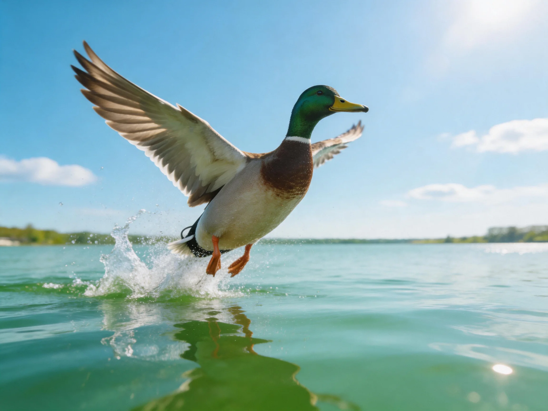 A vibrant mallard duck launching from turquoise water under bright sky