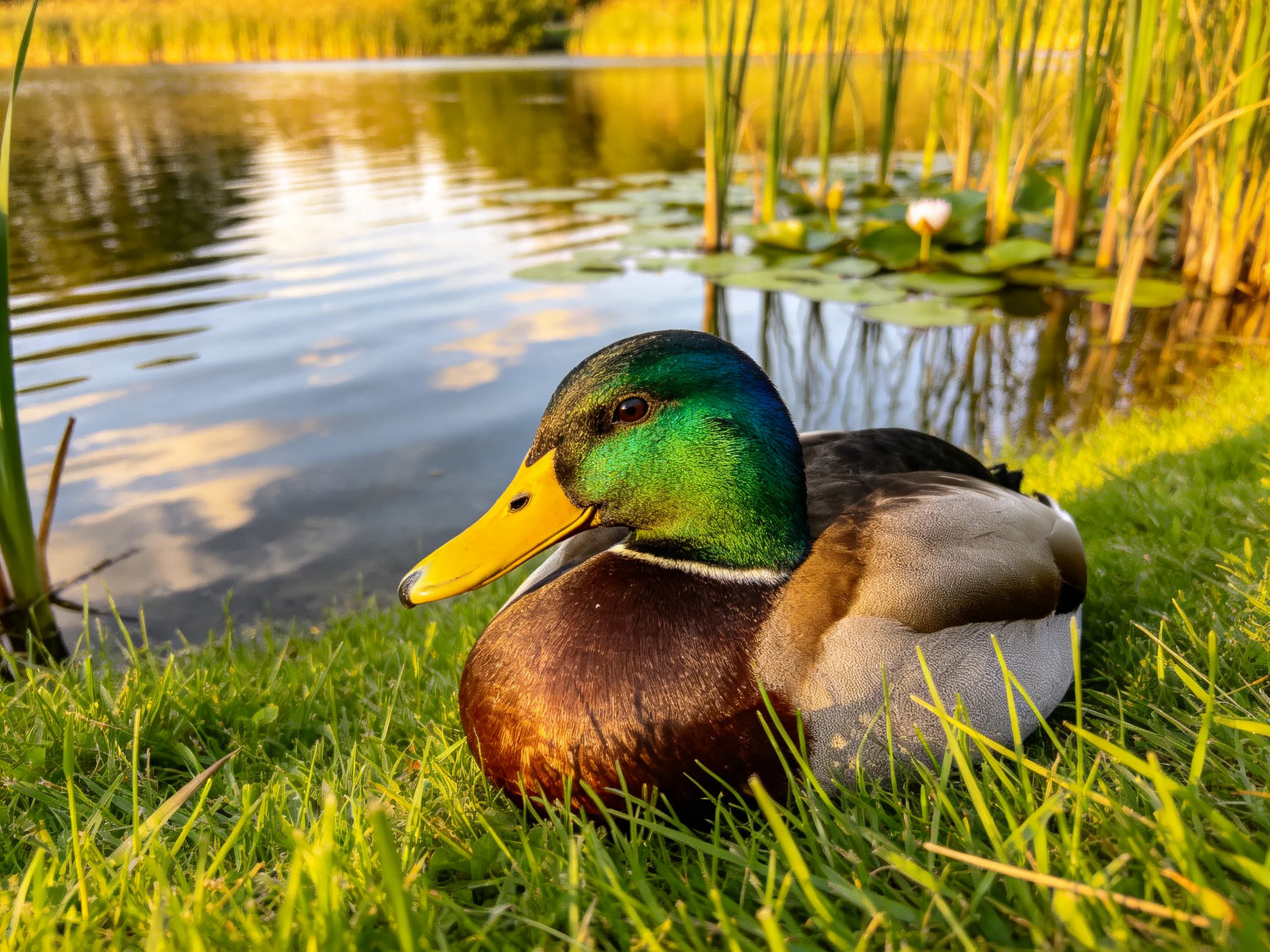A vibrant mallard duck rests on lush green grass by a serene pond