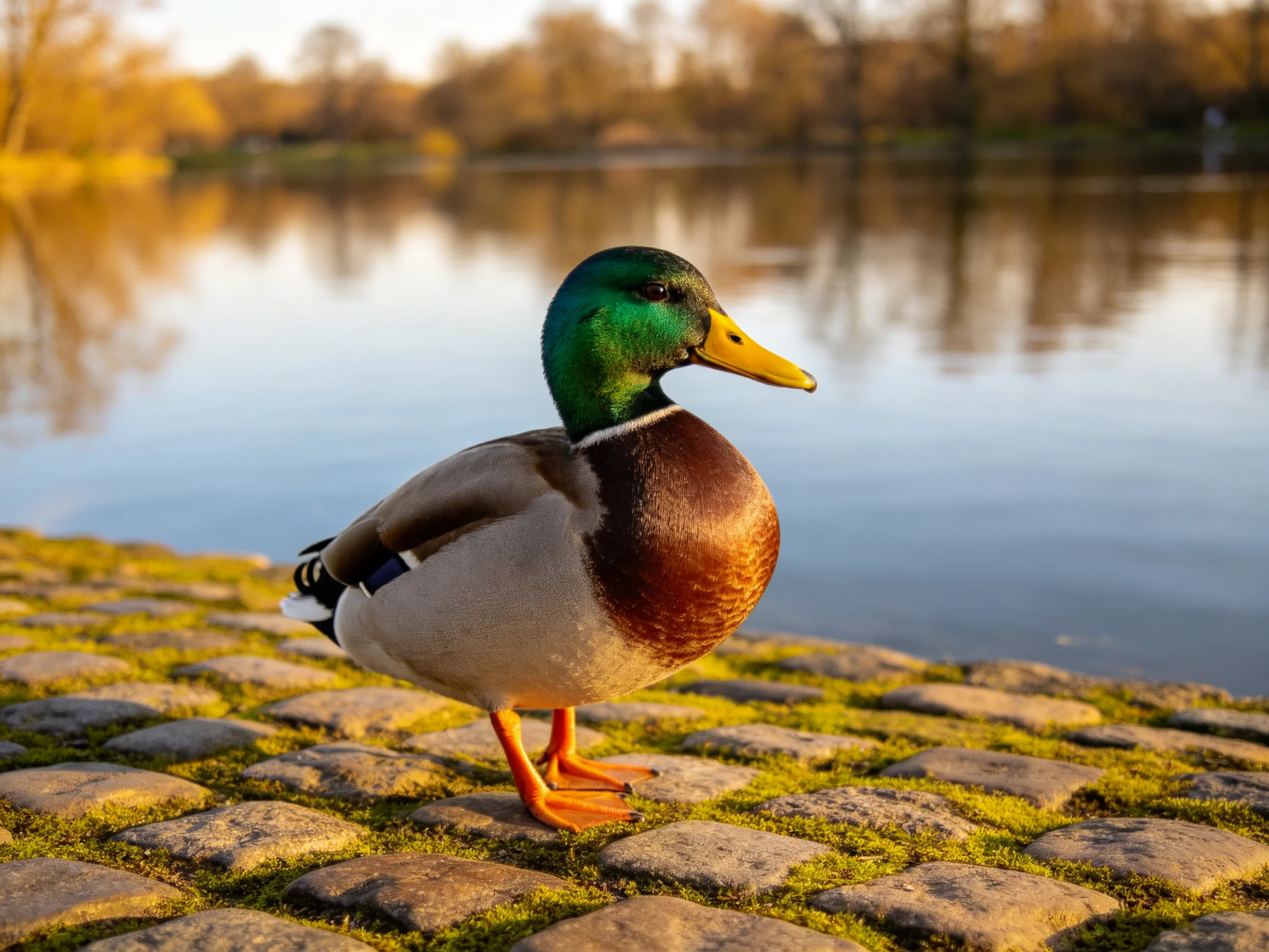 A vibrant mallard duck stands on mossy cobblestones by calm waters