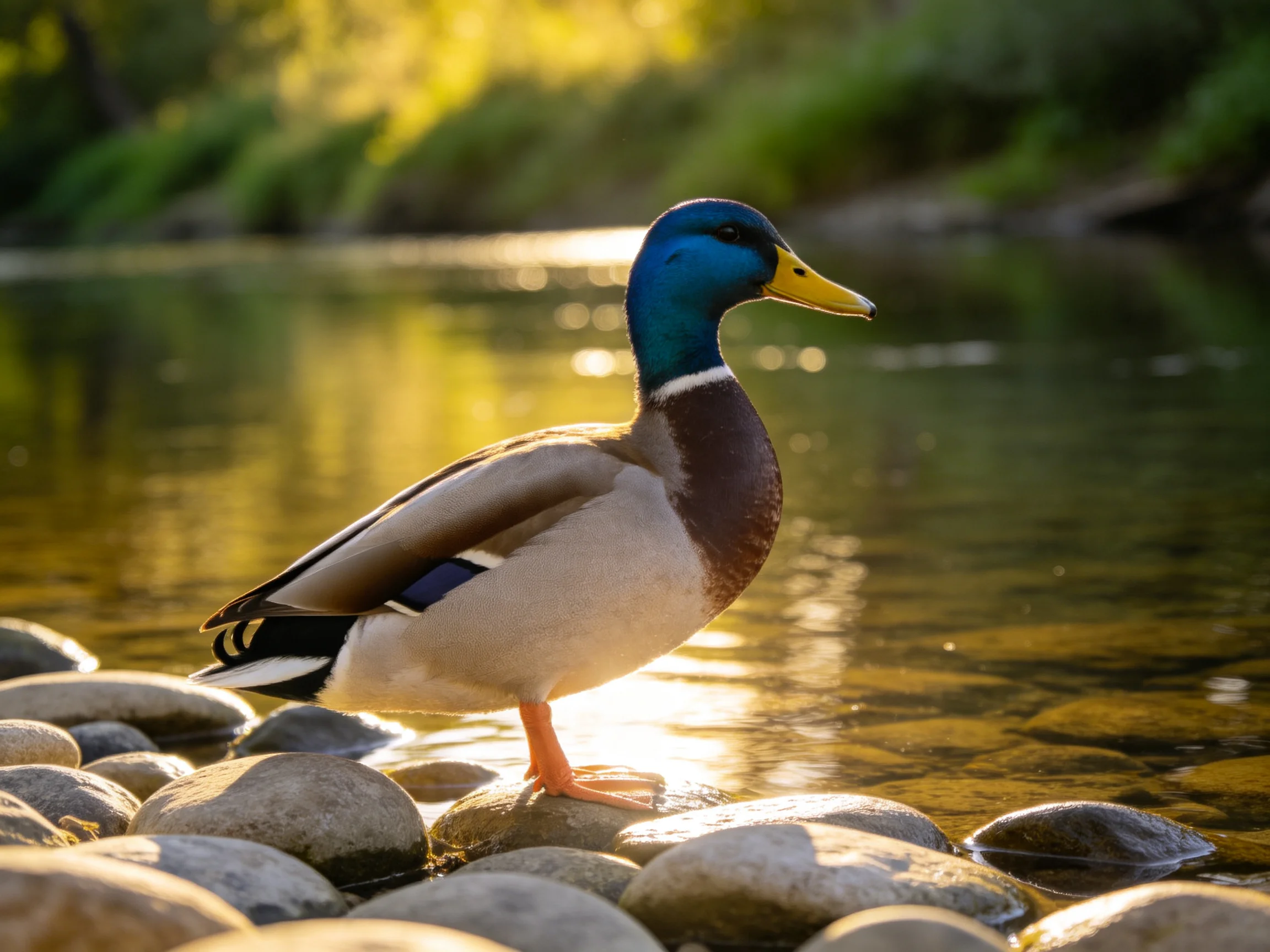 A vibrant mallard duck stands on smooth river rocks near a sunlit stream