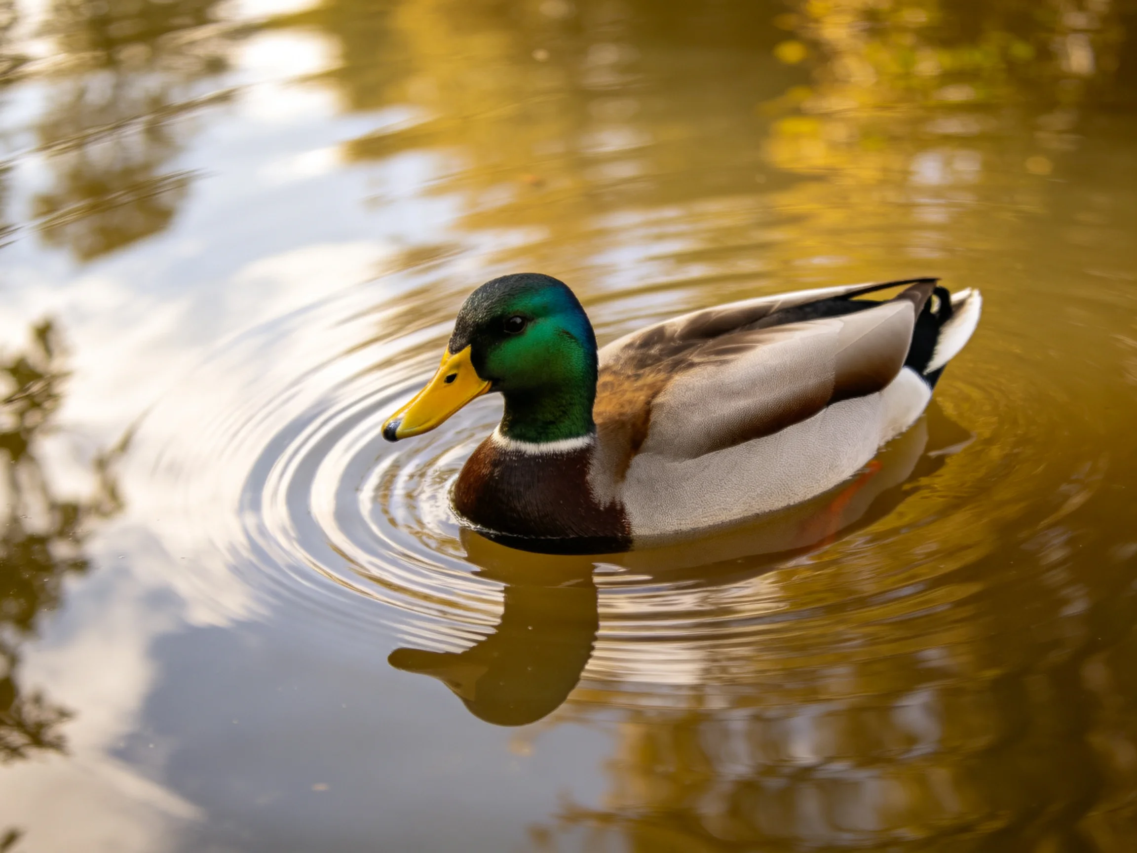 A vibrant mallard duck swimming in golden-hued calm water