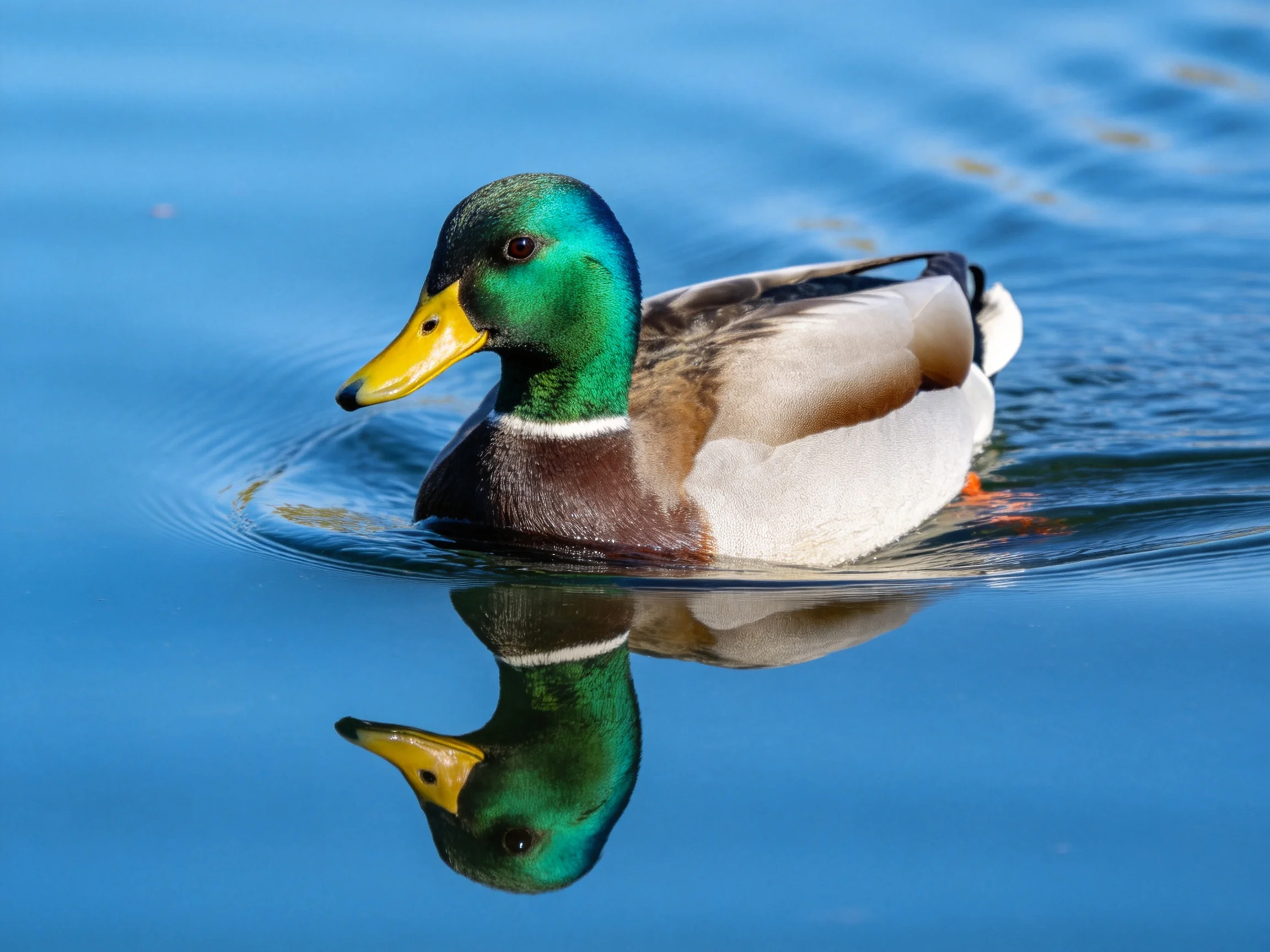 A vibrant mallard duck with green head swims in blue water