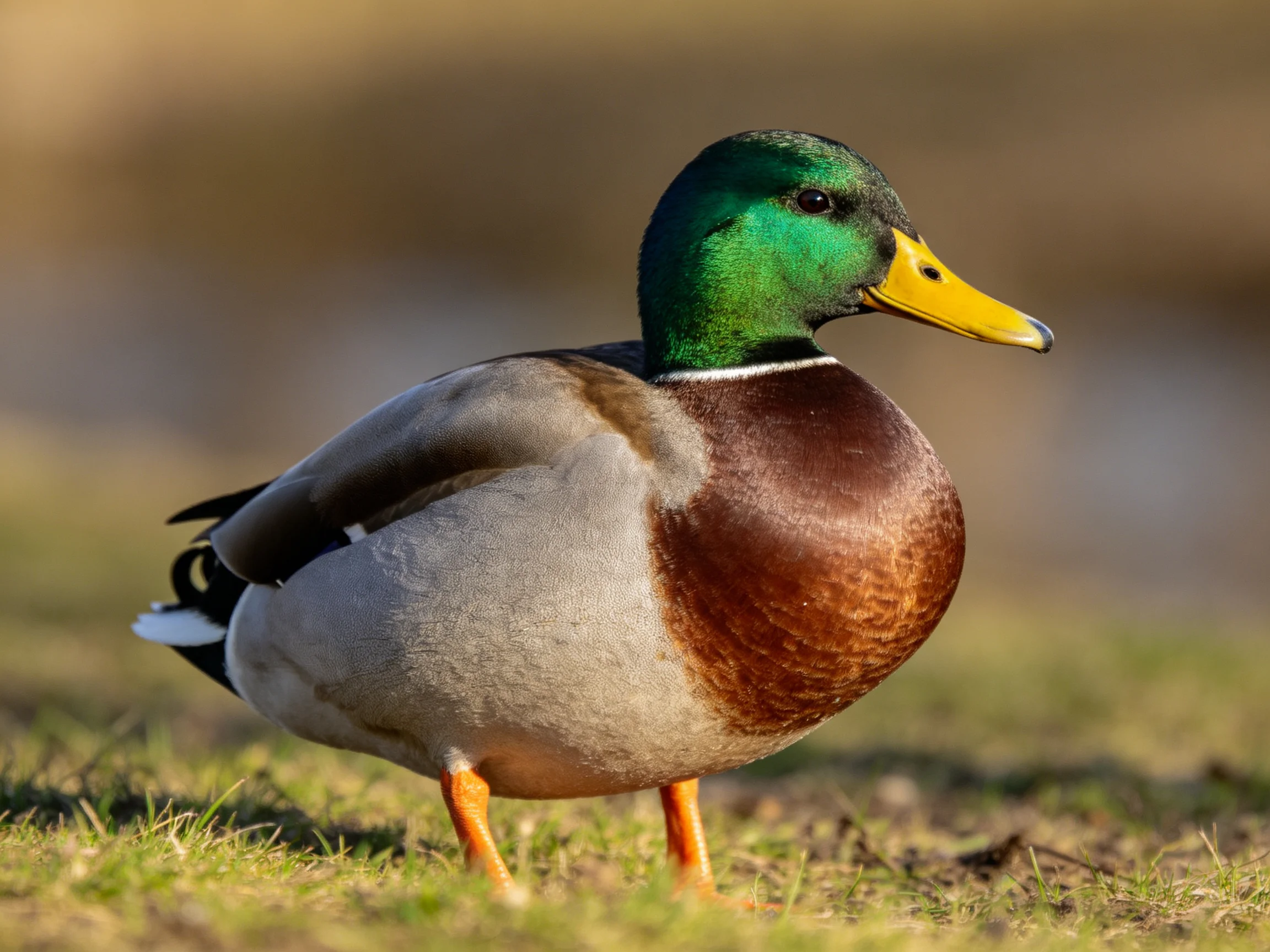 A vibrant mallard duck with green head, yellow beak, brown chest, standing on grass