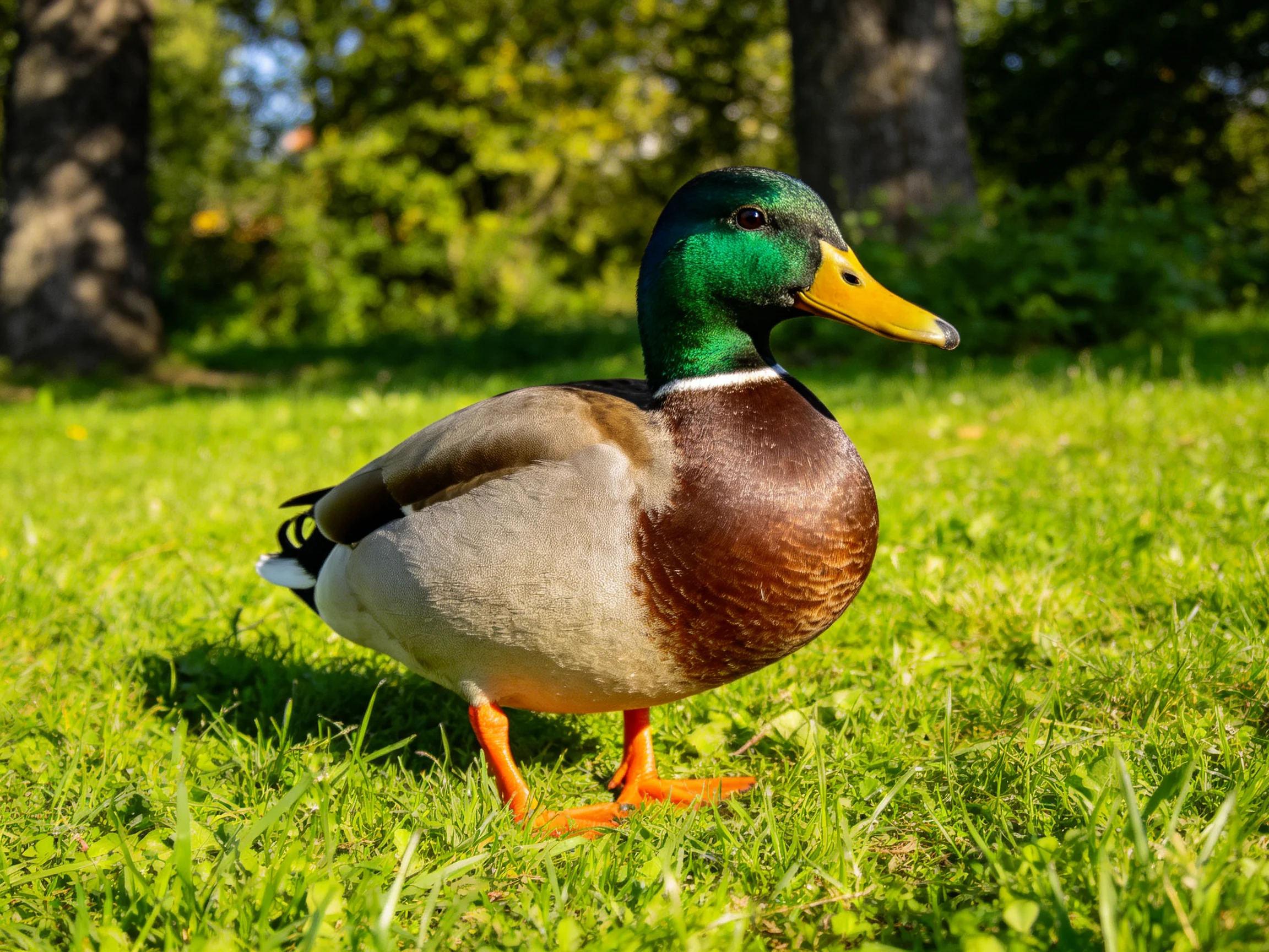 A vibrant mallard duck with green head, yellow beak, on bright grass