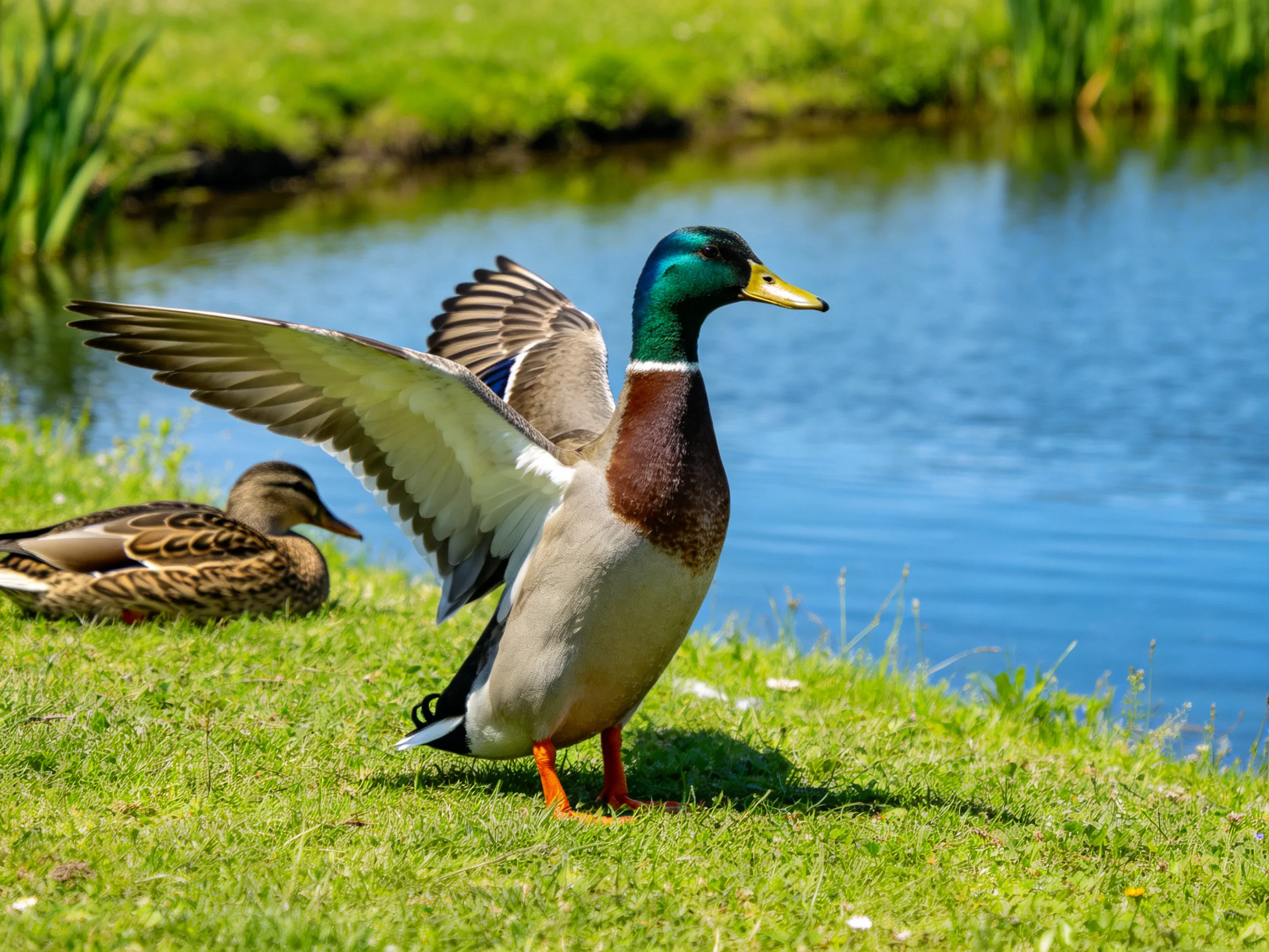 A vibrant mallard spreads wings by a serene pond