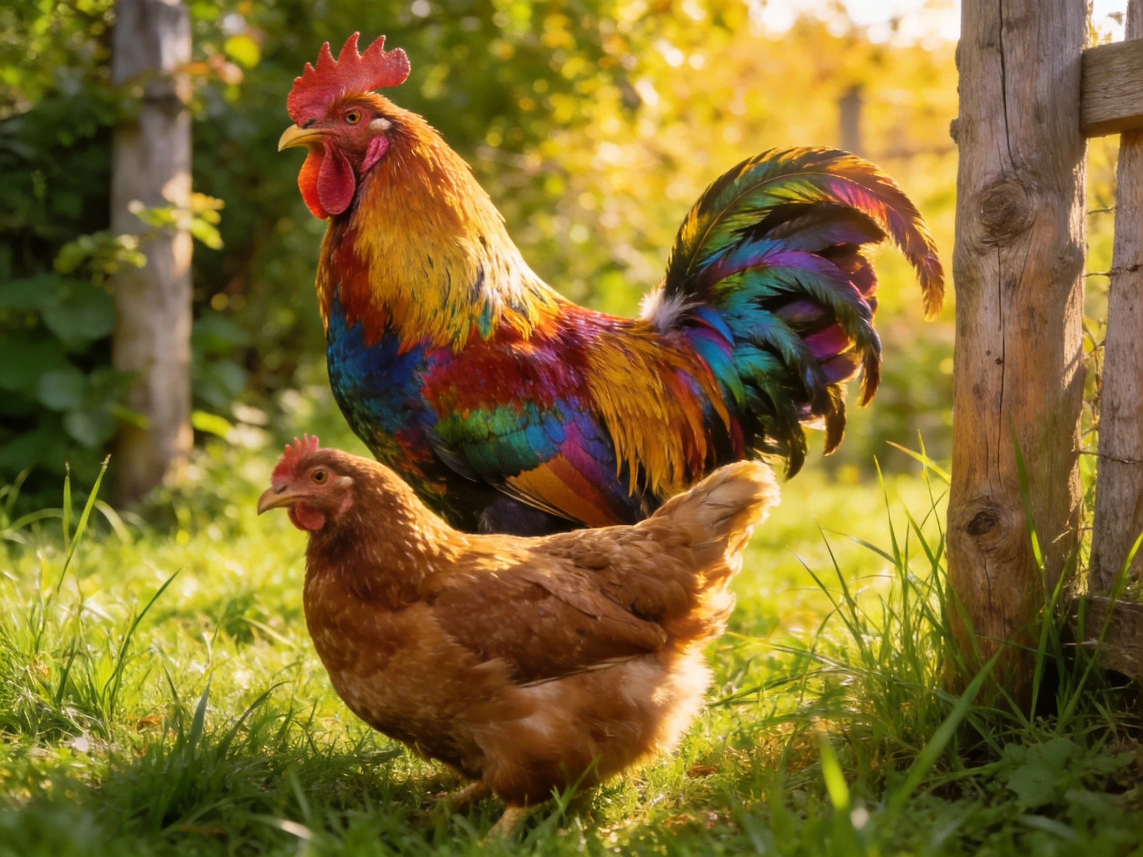 A vibrant multicolored rooster stands beside a brown hen in a sunlit grassy area