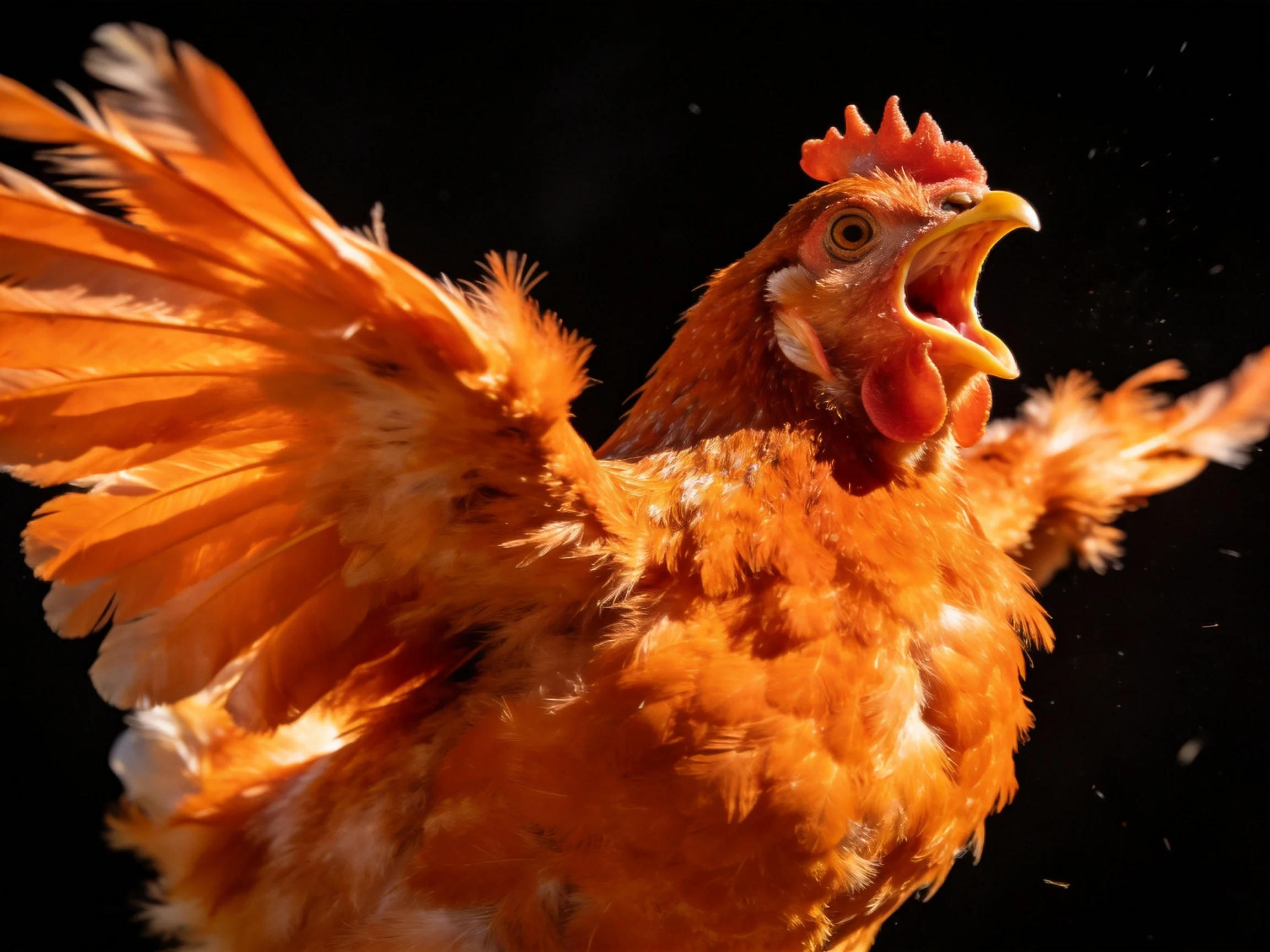 A vibrant orange chicken spreads wings dramatically against a stark black background