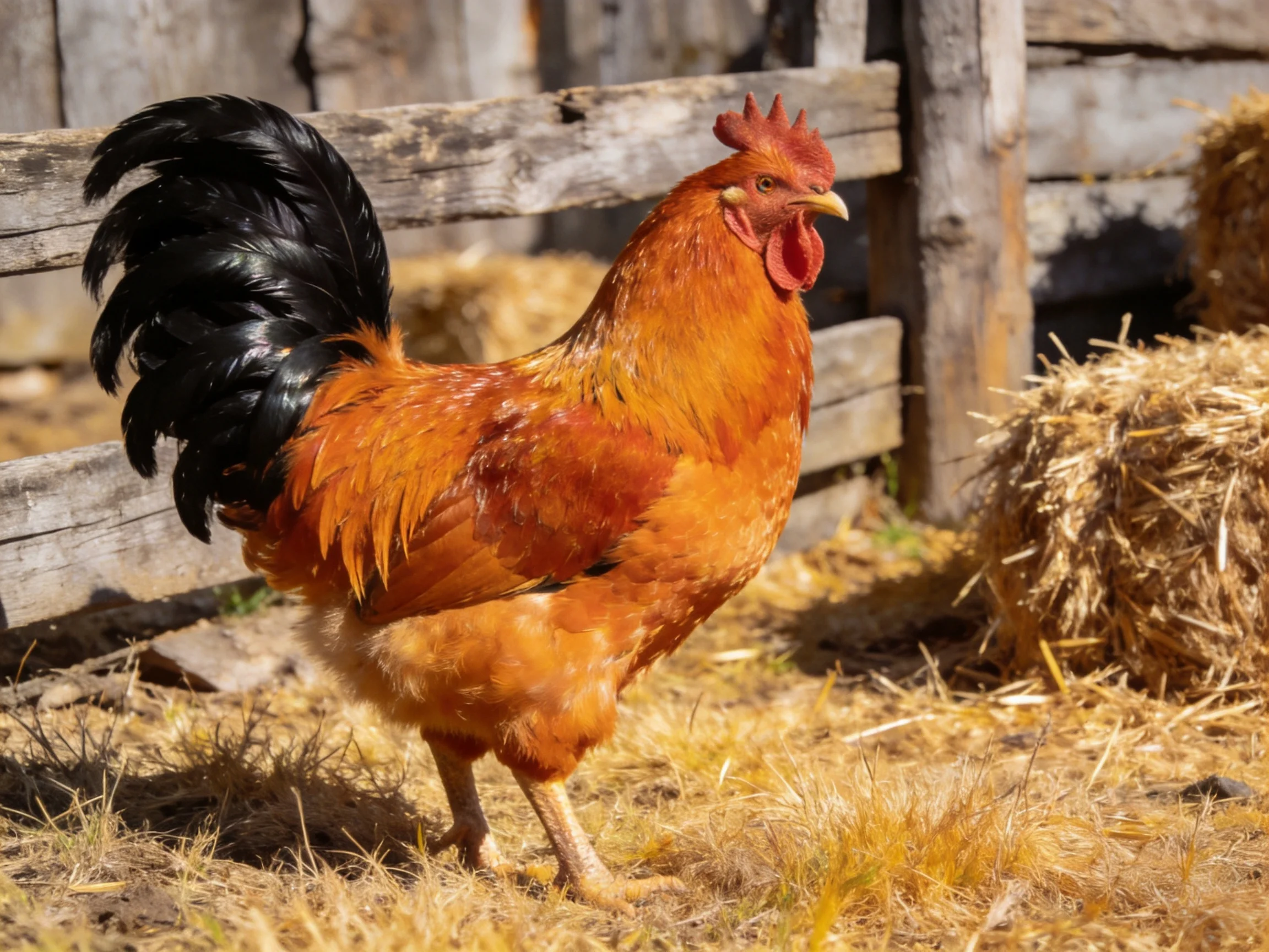 A vibrant orange rooster with glossy black tail feathers near hay bales