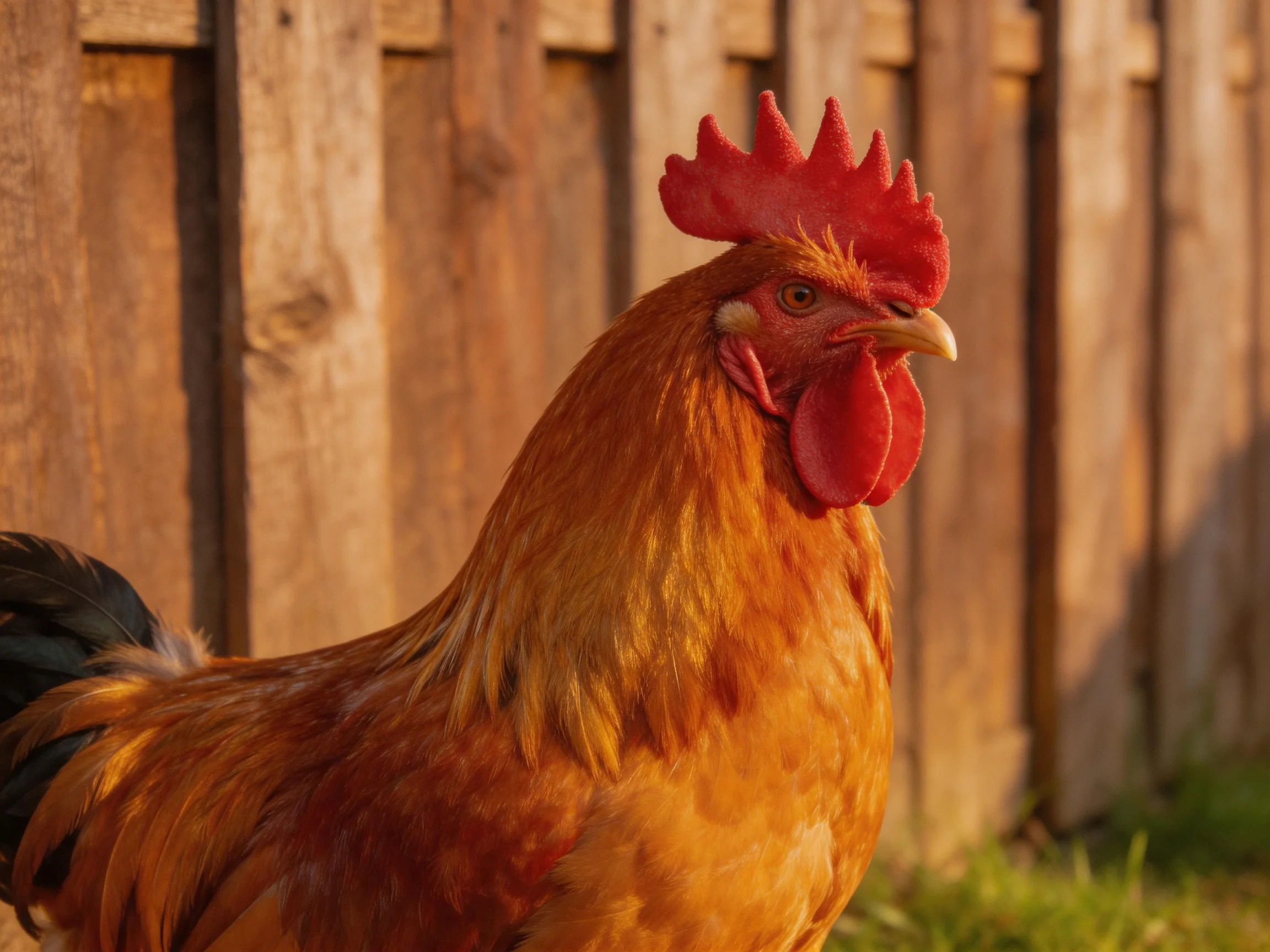 An orange rooster with red comb is positioned beside a wooden fence.