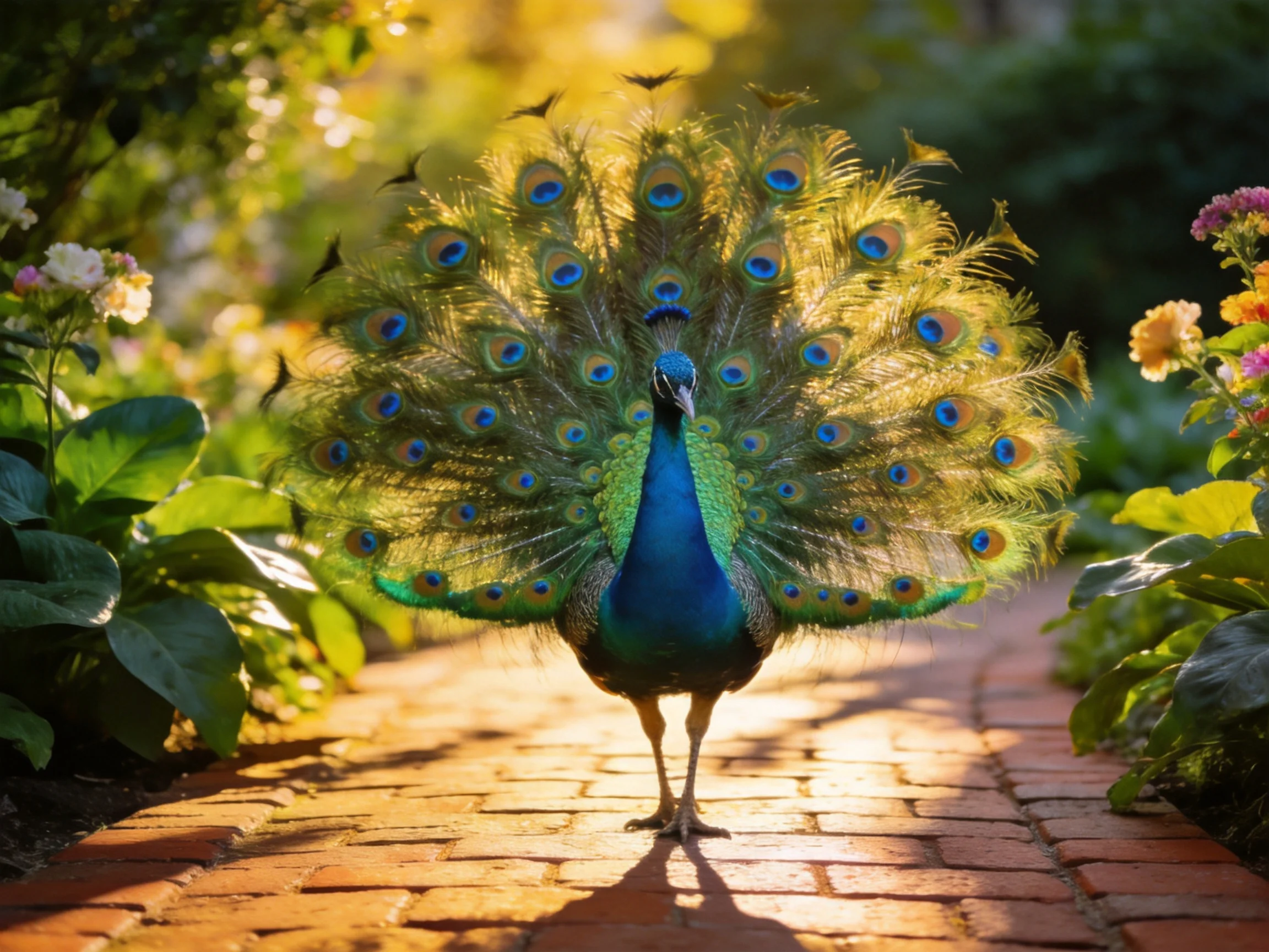 A vibrant peacock displays its fanned tail feathers on a brick pathway