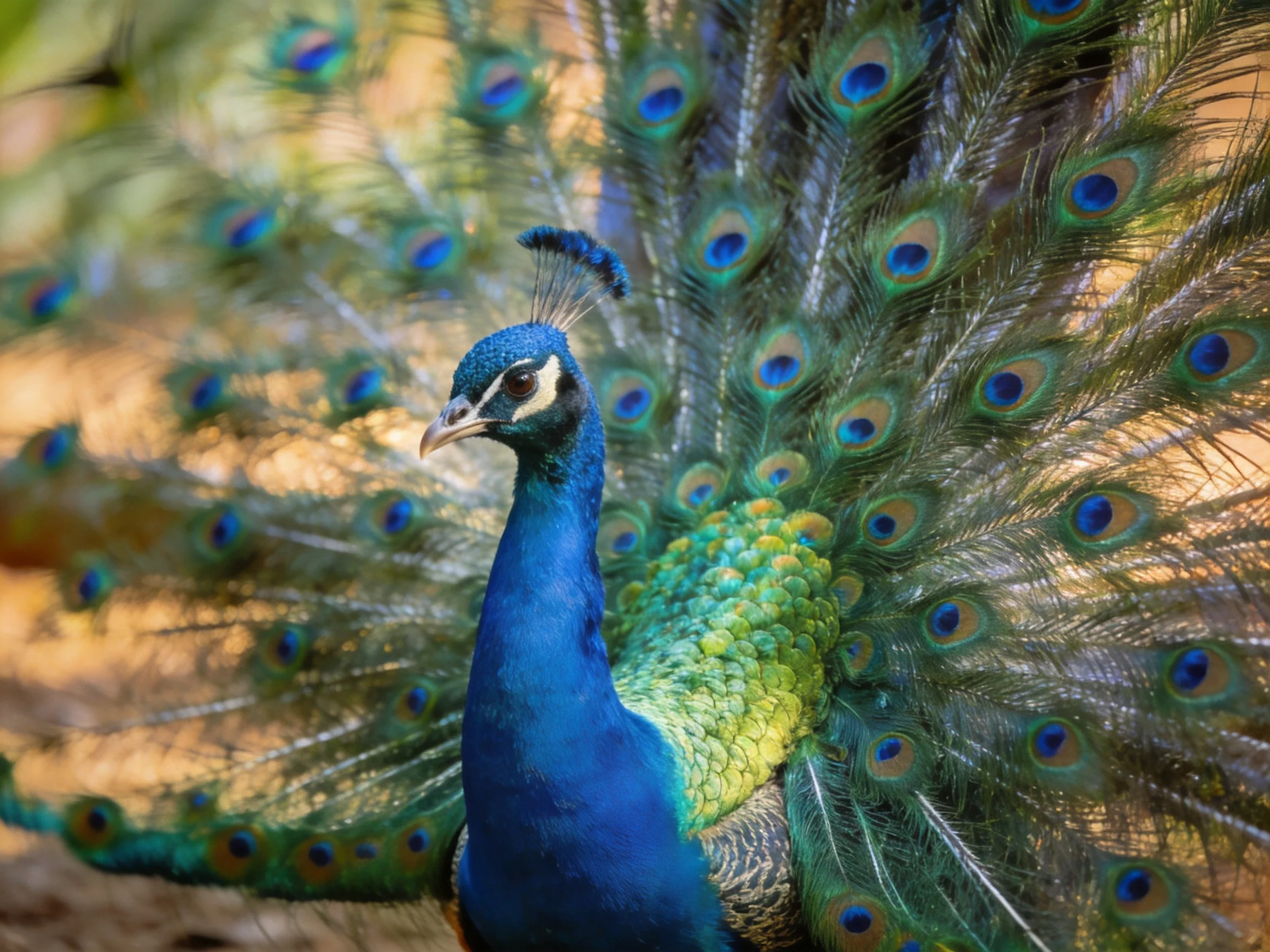 A vibrant peacock spreads its iridescent, eye-patterned tail feathers