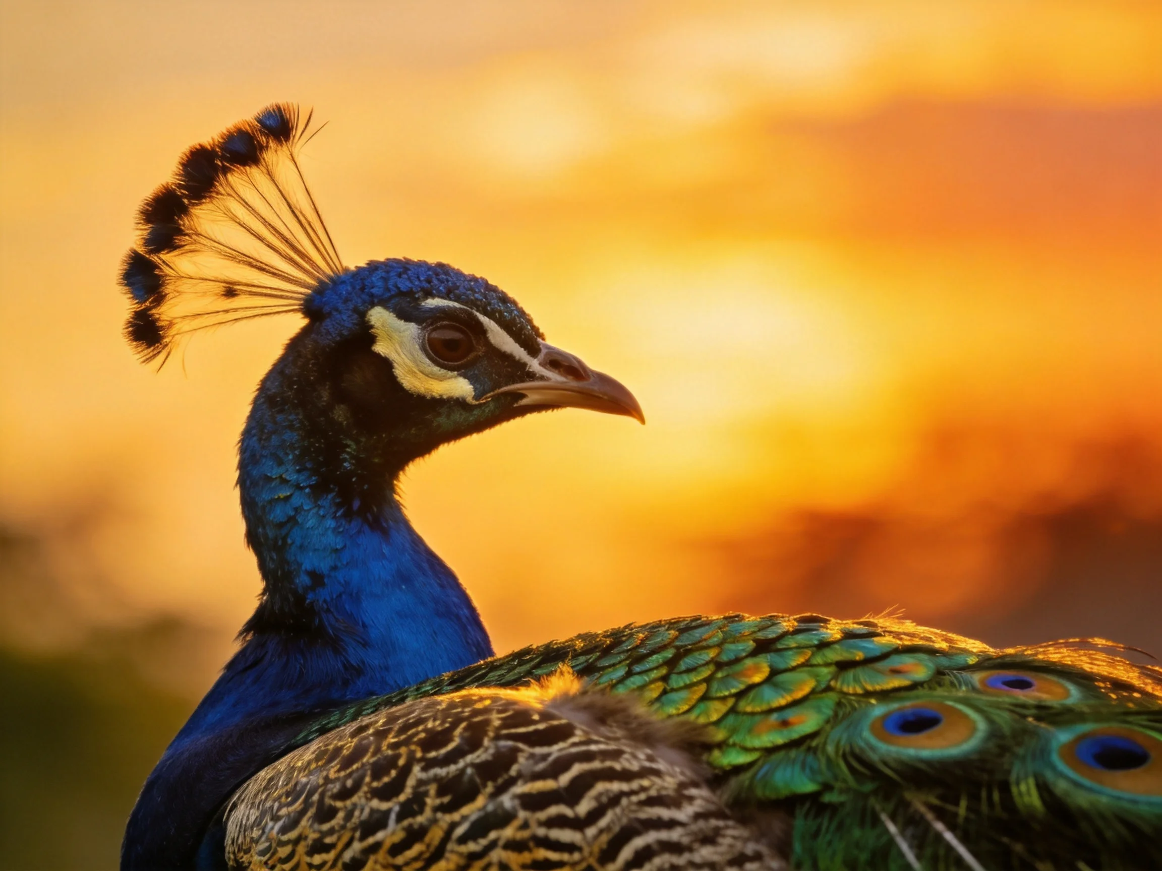 A vibrant peacock with blue neck and green tail feathers against a golden sunset