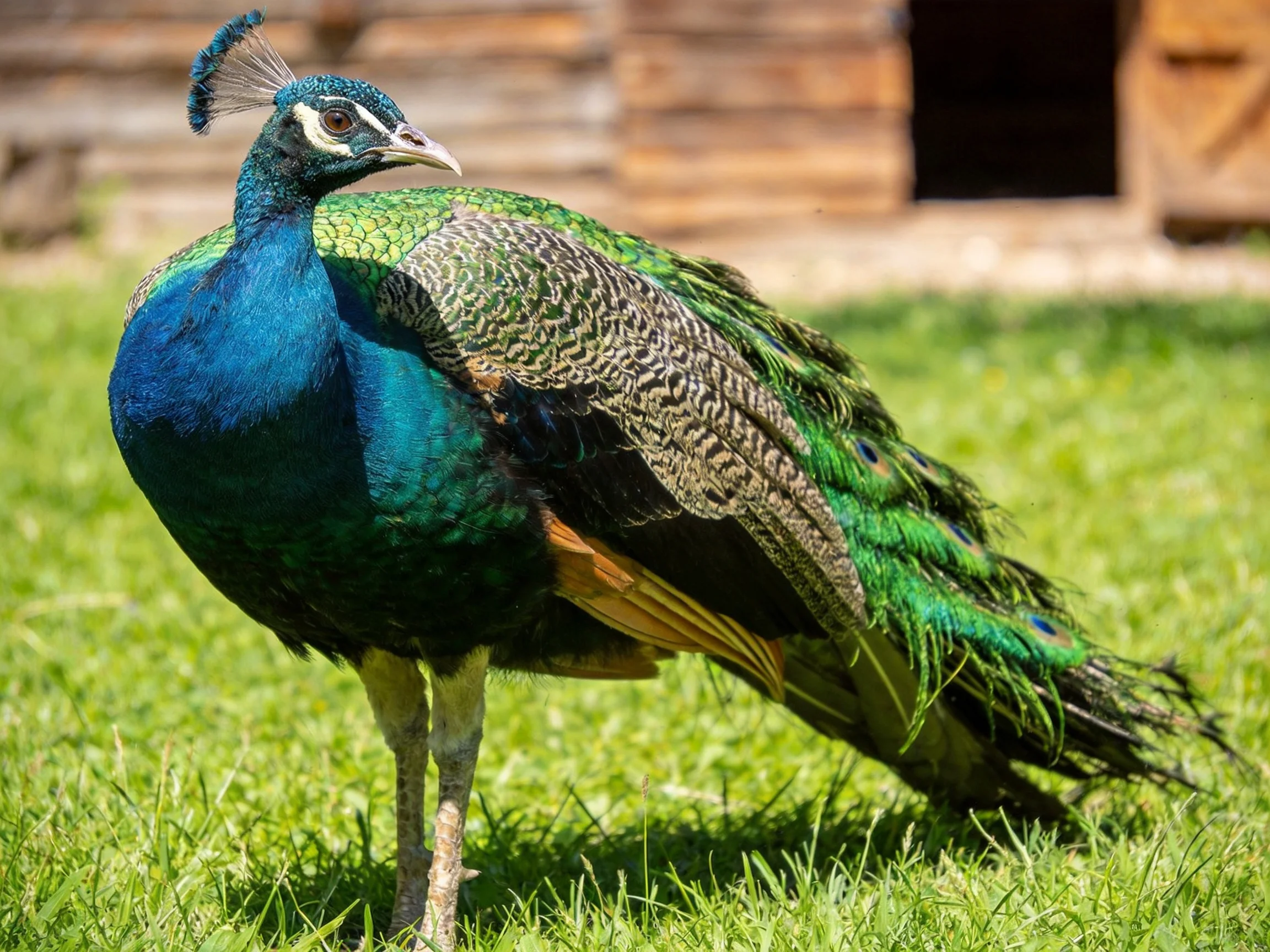 A vibrant peacock with iridescent blues and greens stands on lush grass