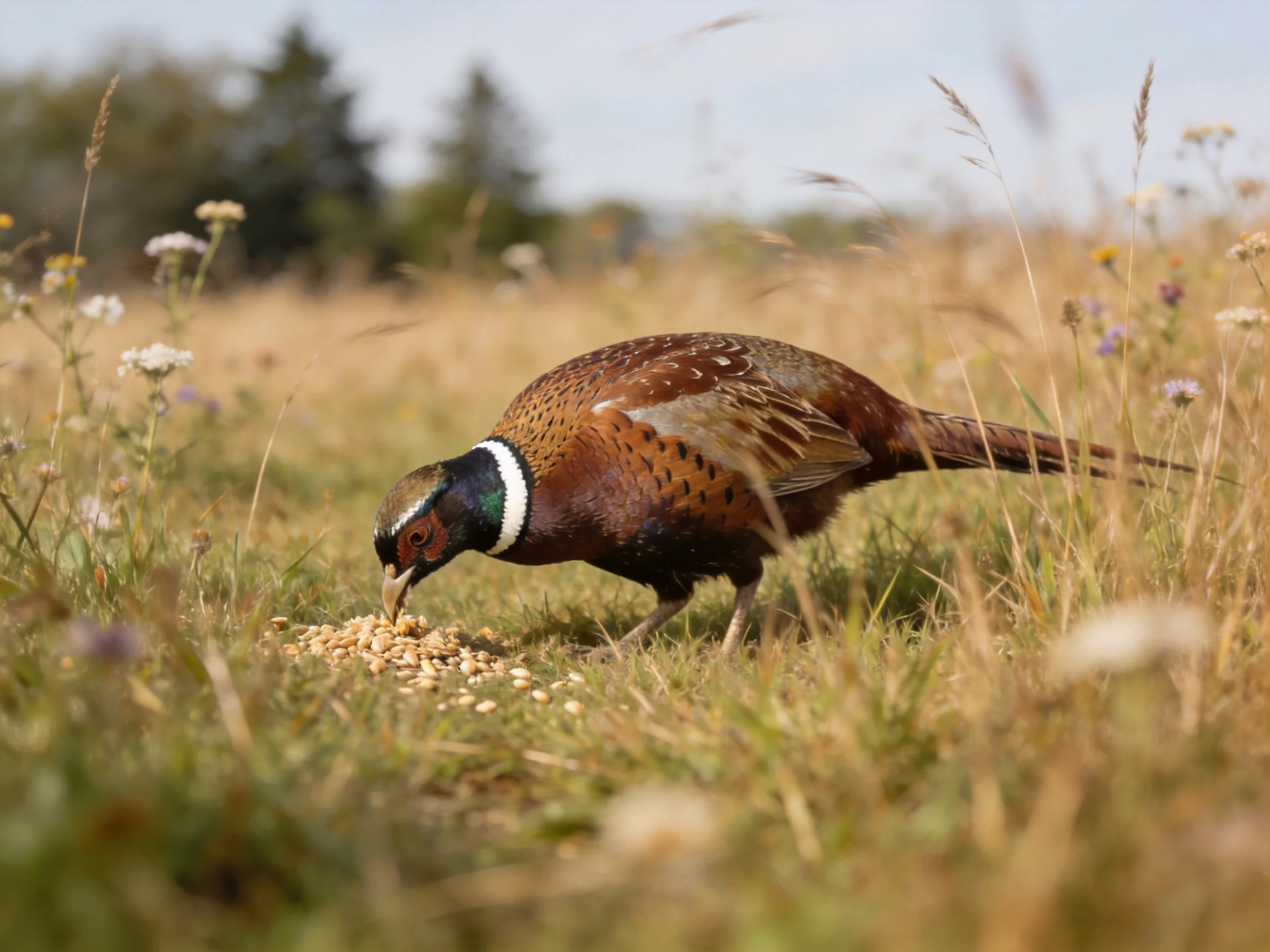 A vibrant pheasant feeds on seeds in a sun-dappled grassland