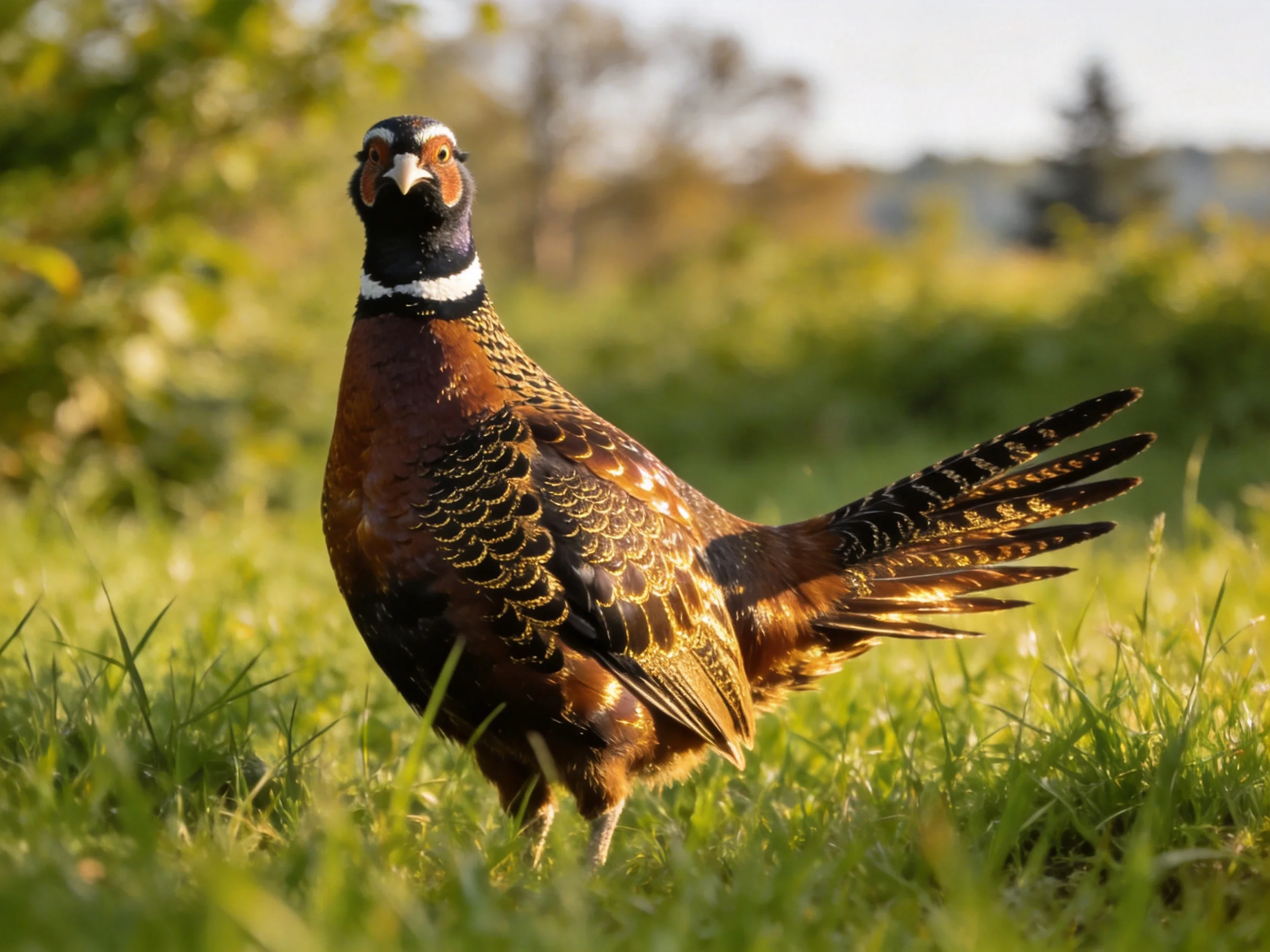 A vibrant pheasant stands in lush green grass with brown and black plumage