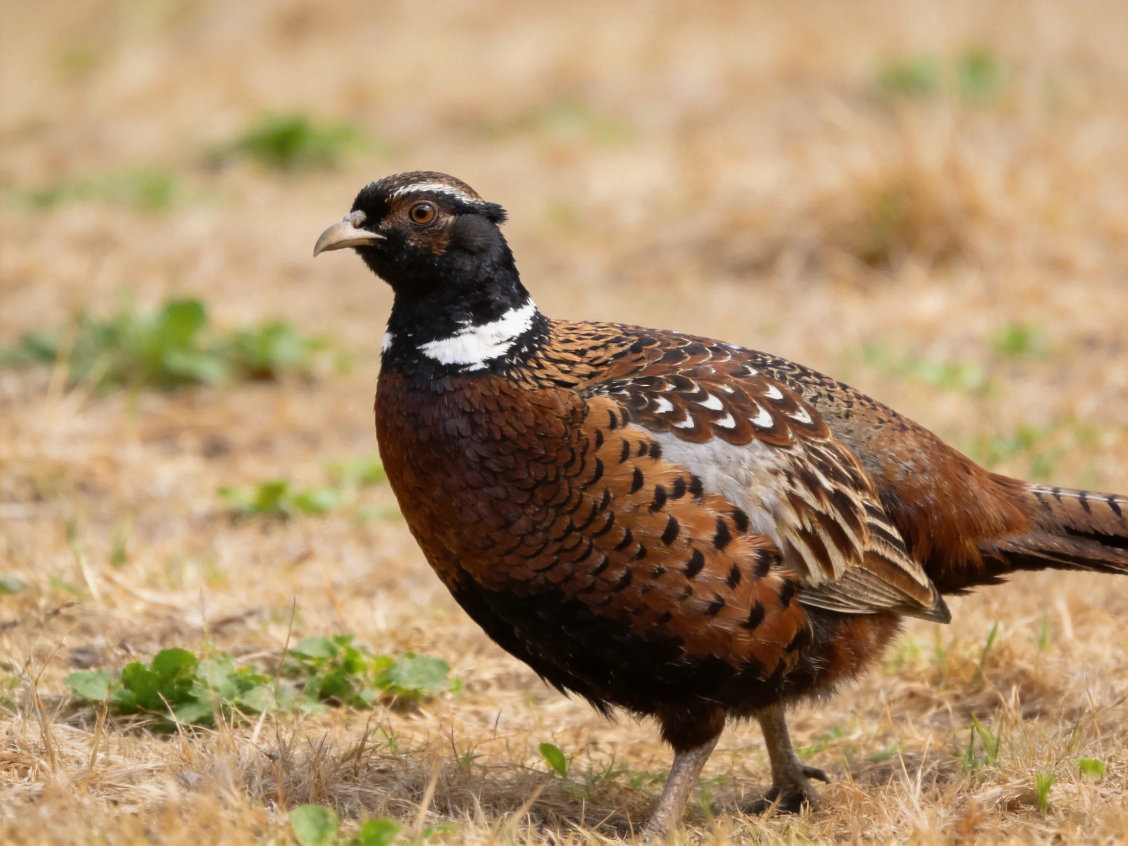 A vibrant pheasant with brown, black, and white plumage on dry grassy terrain