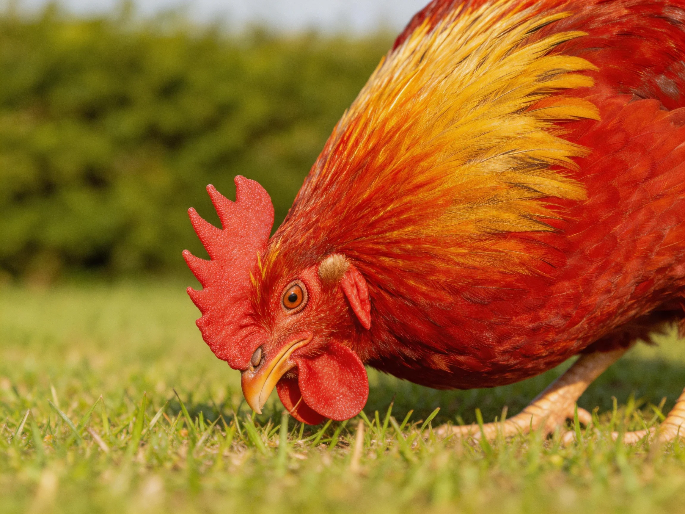 A rooster with multicolored plumage forages in a sunlit grassy area.