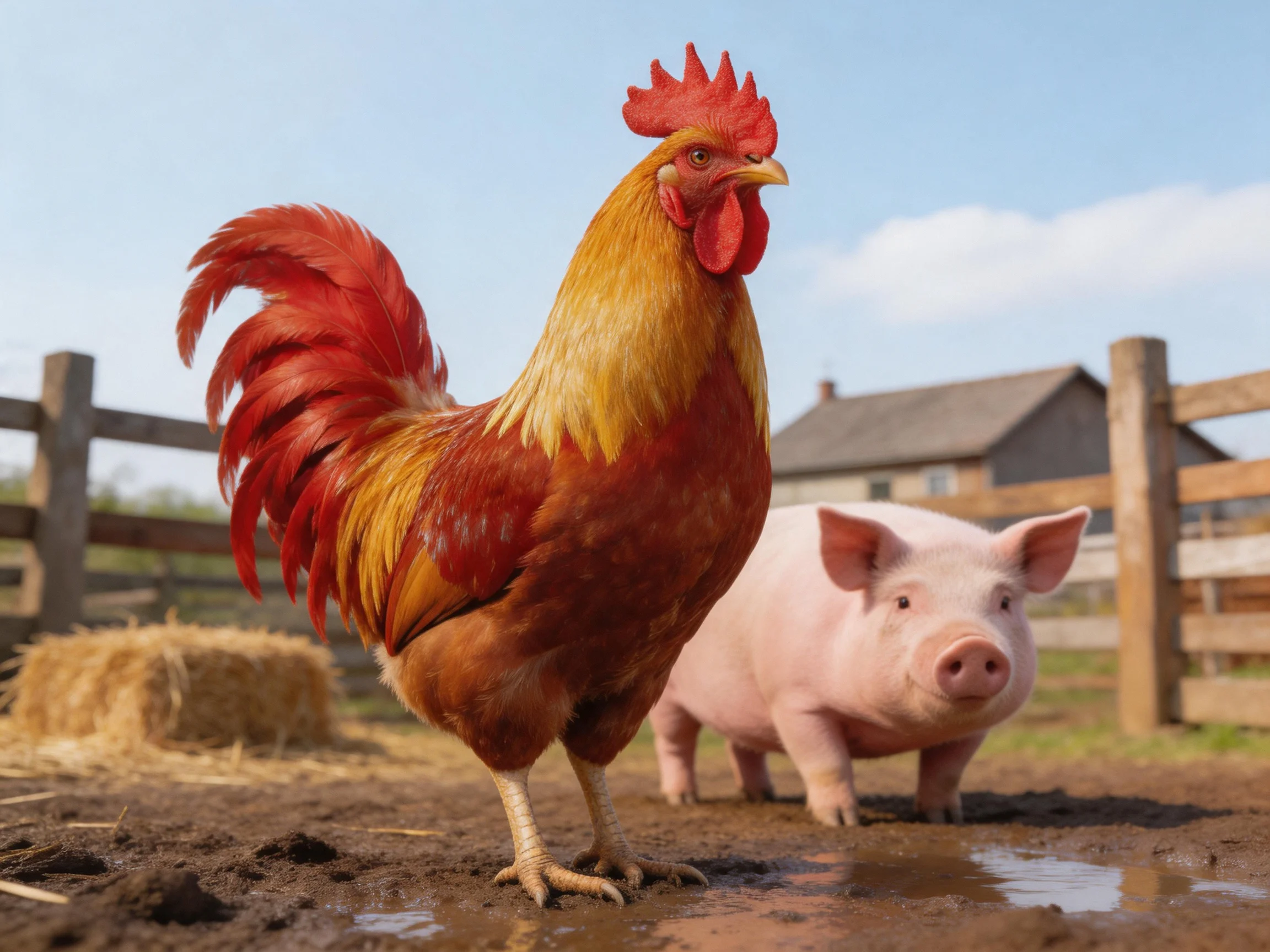 A vibrant red-brown rooster stands beside a pink pig on a farm