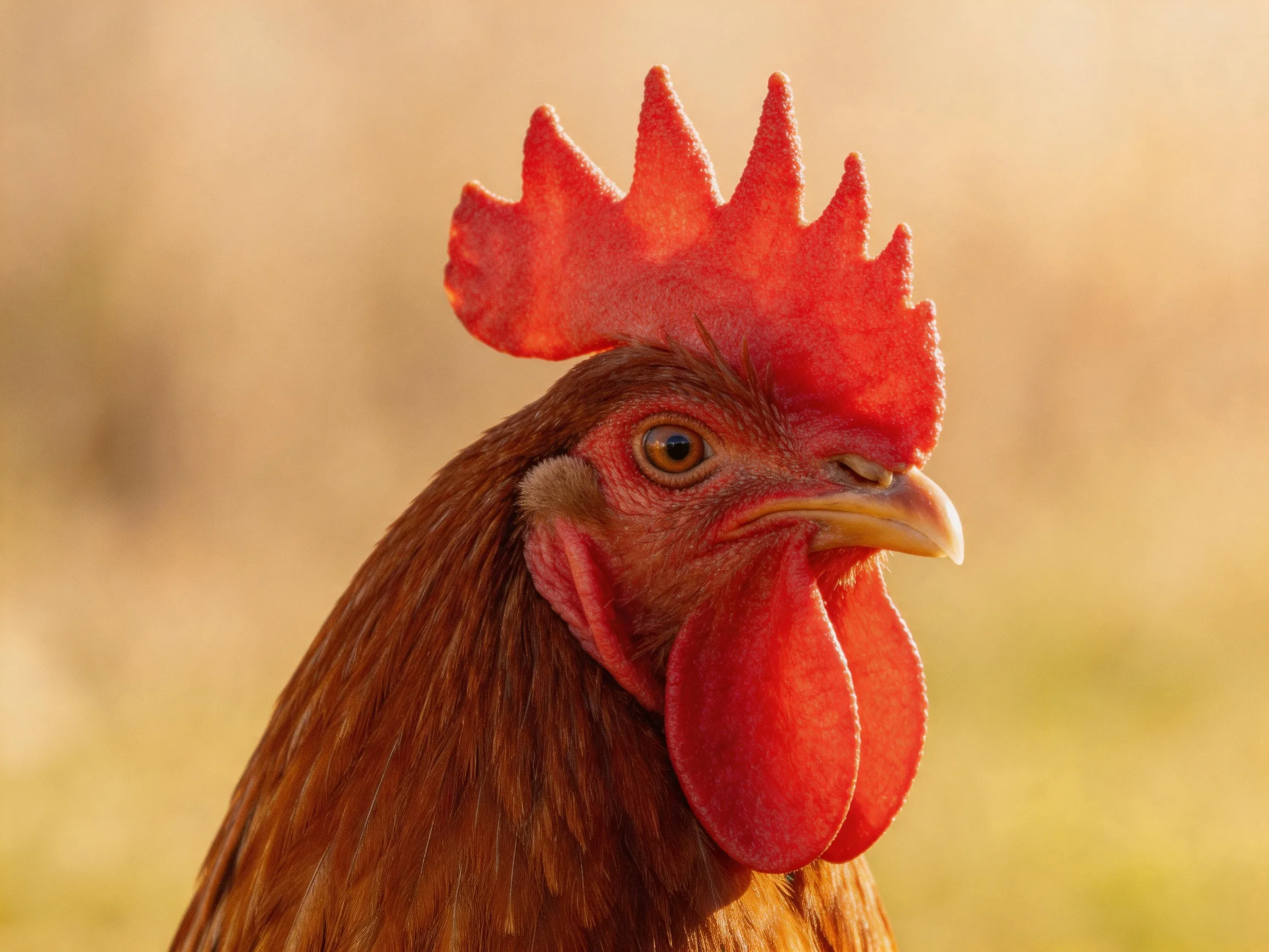 A vibrant red-combed brown-feathered rooster in soft golden light