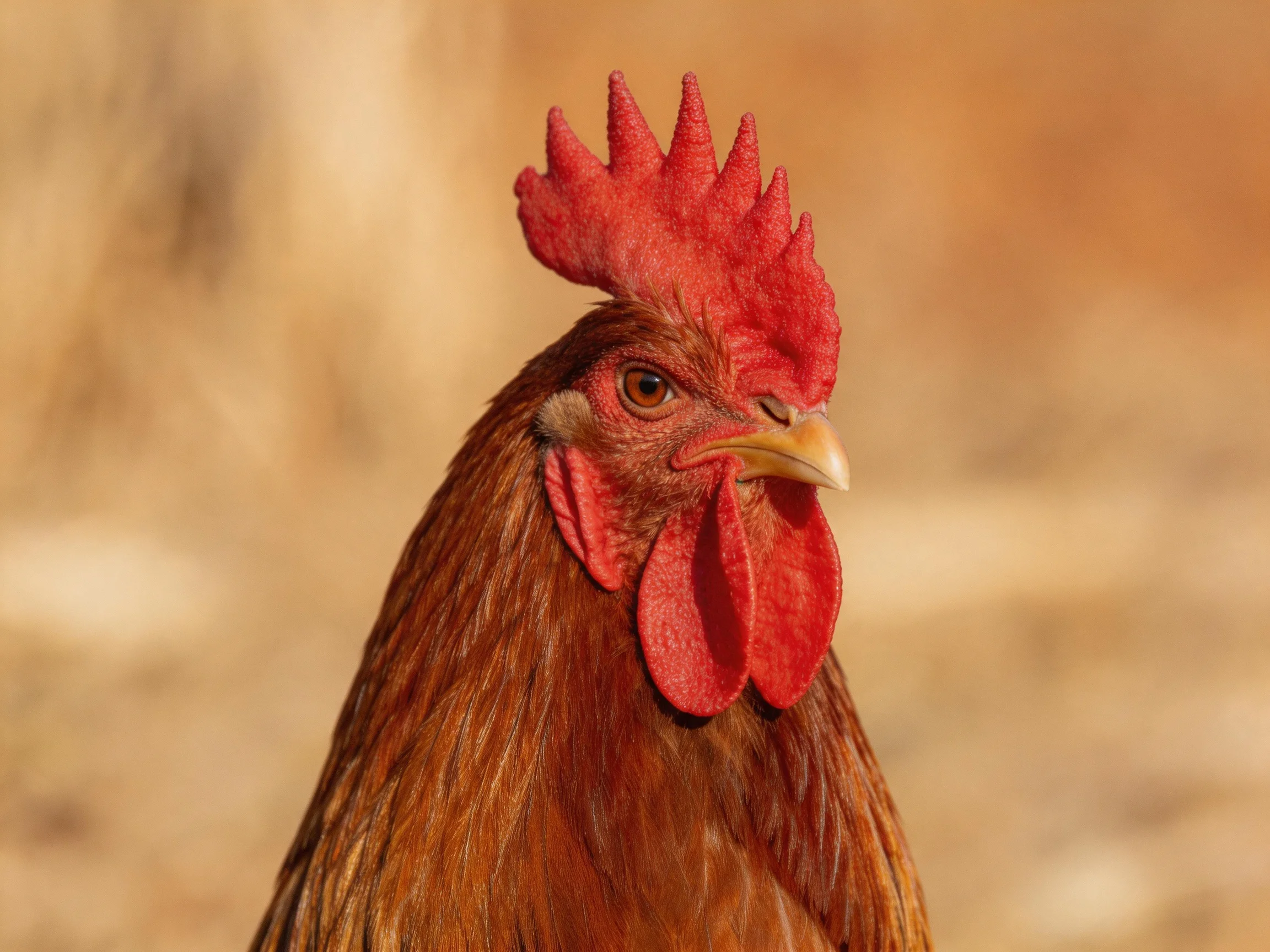 A vibrant red-combed brown rooster with prominent wattles