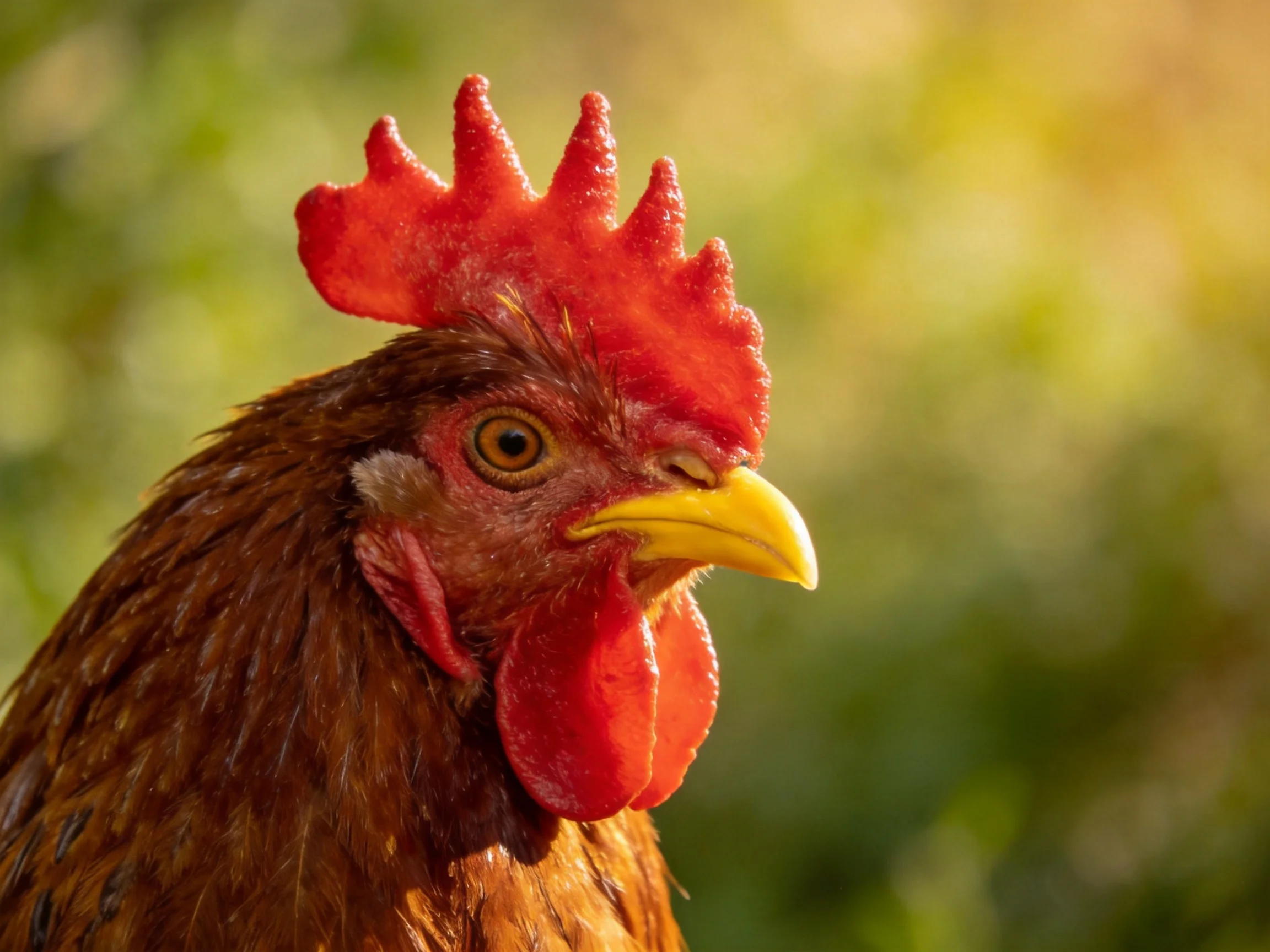 A vibrant red-combed brown rooster with yellow beak against soft green blur