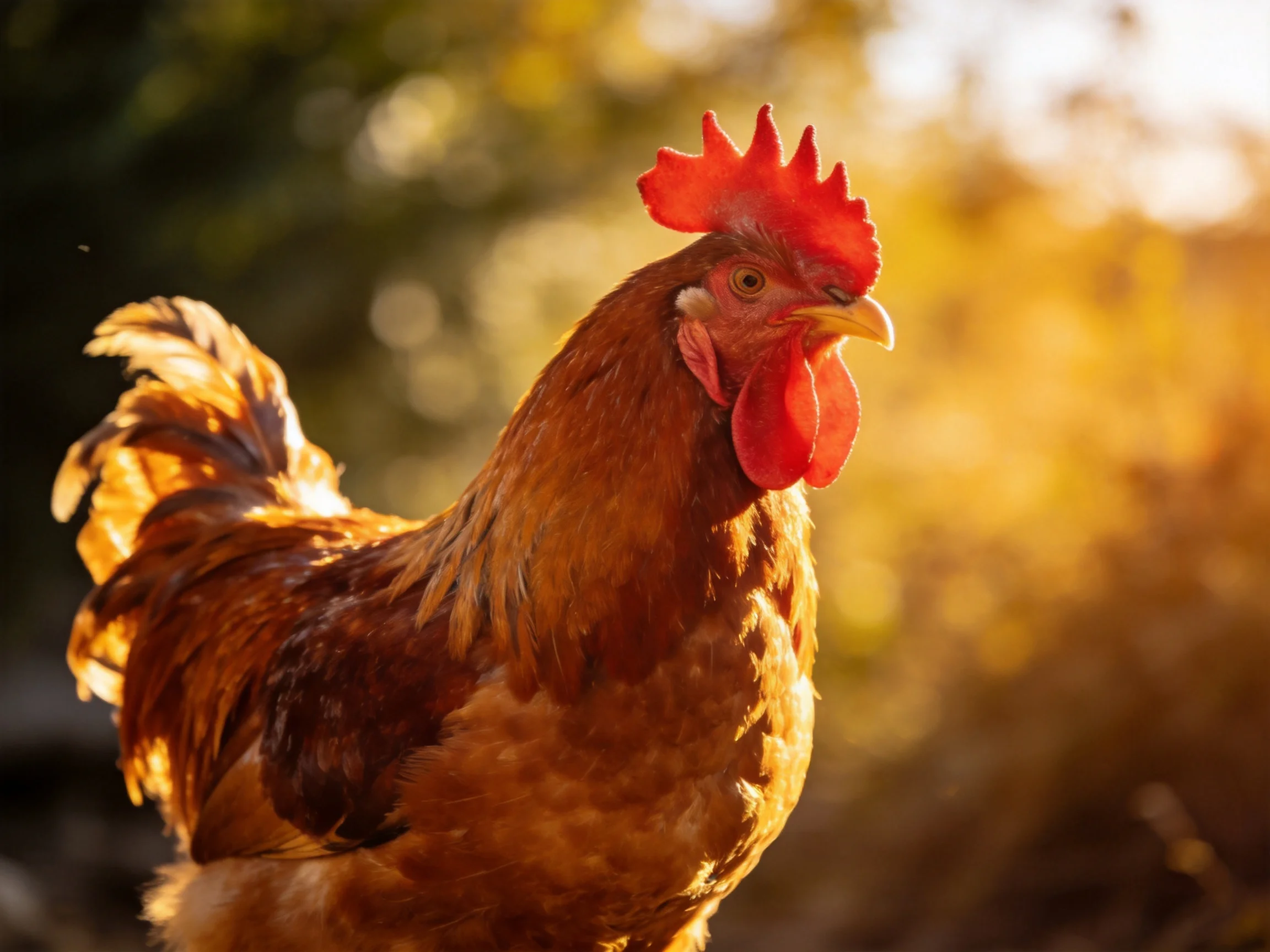 A vibrant red-combed rooster bathed in warm golden sunlight