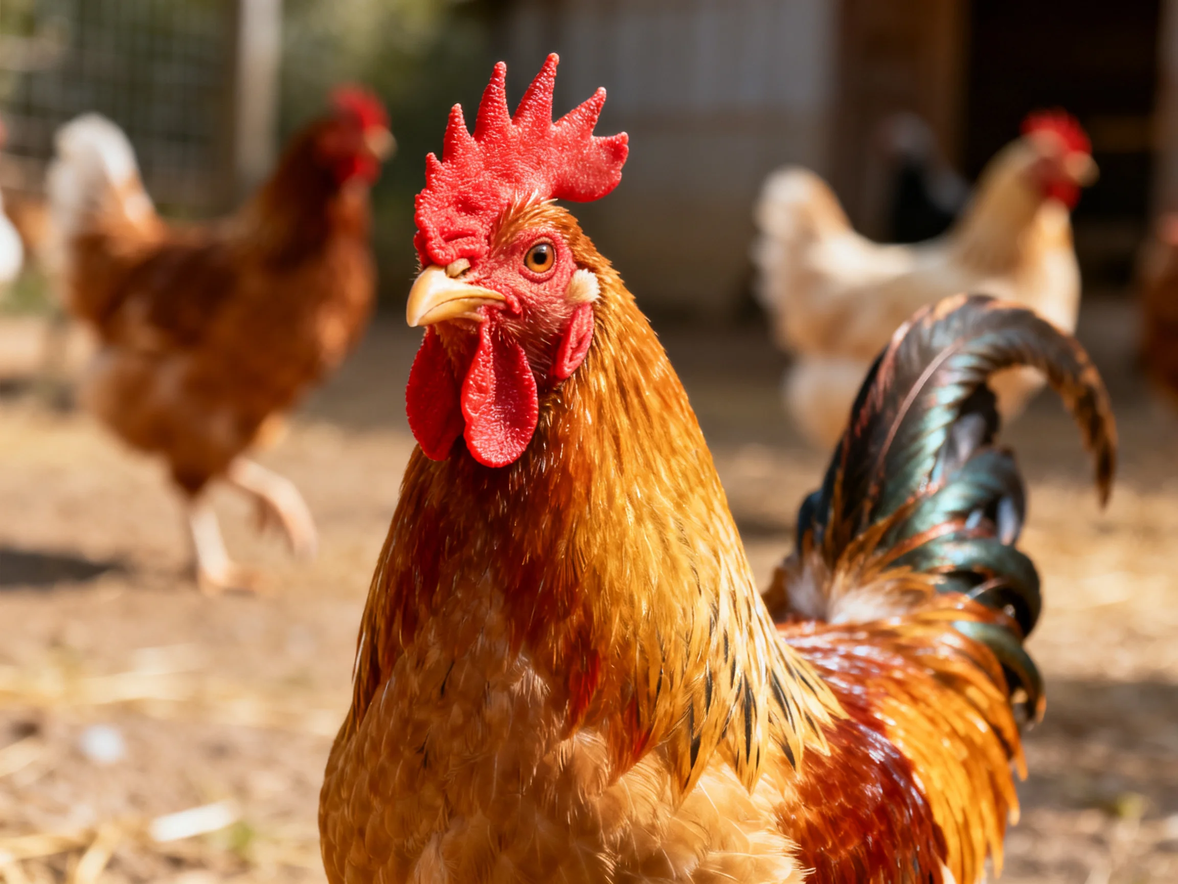 A vibrant red-combed rooster leads chickens in sunny farm setting