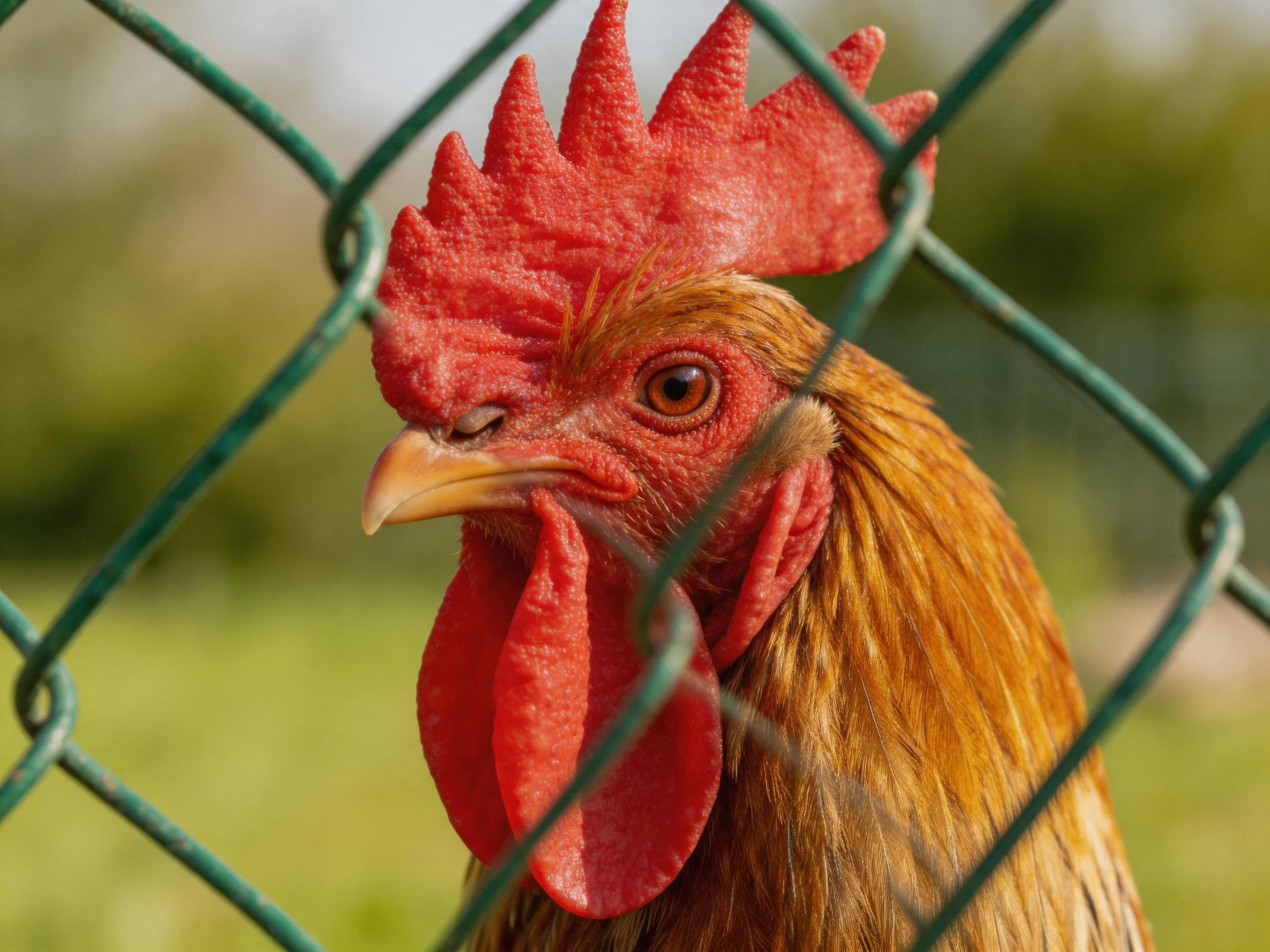 A vibrant red-combed rooster peering through a green chain-link fence