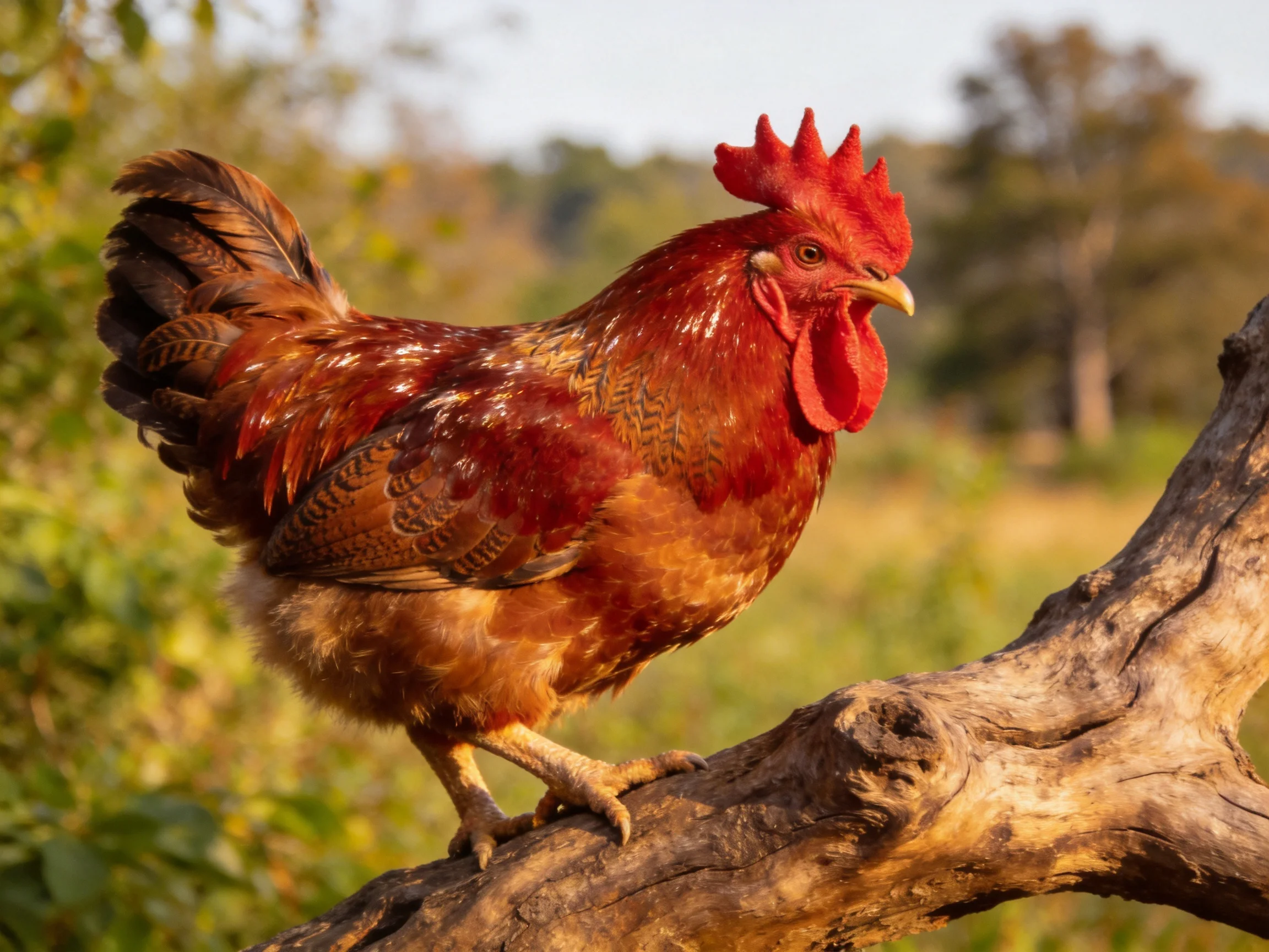 A vibrant red-combed rooster perched on a gnarled wooden branch