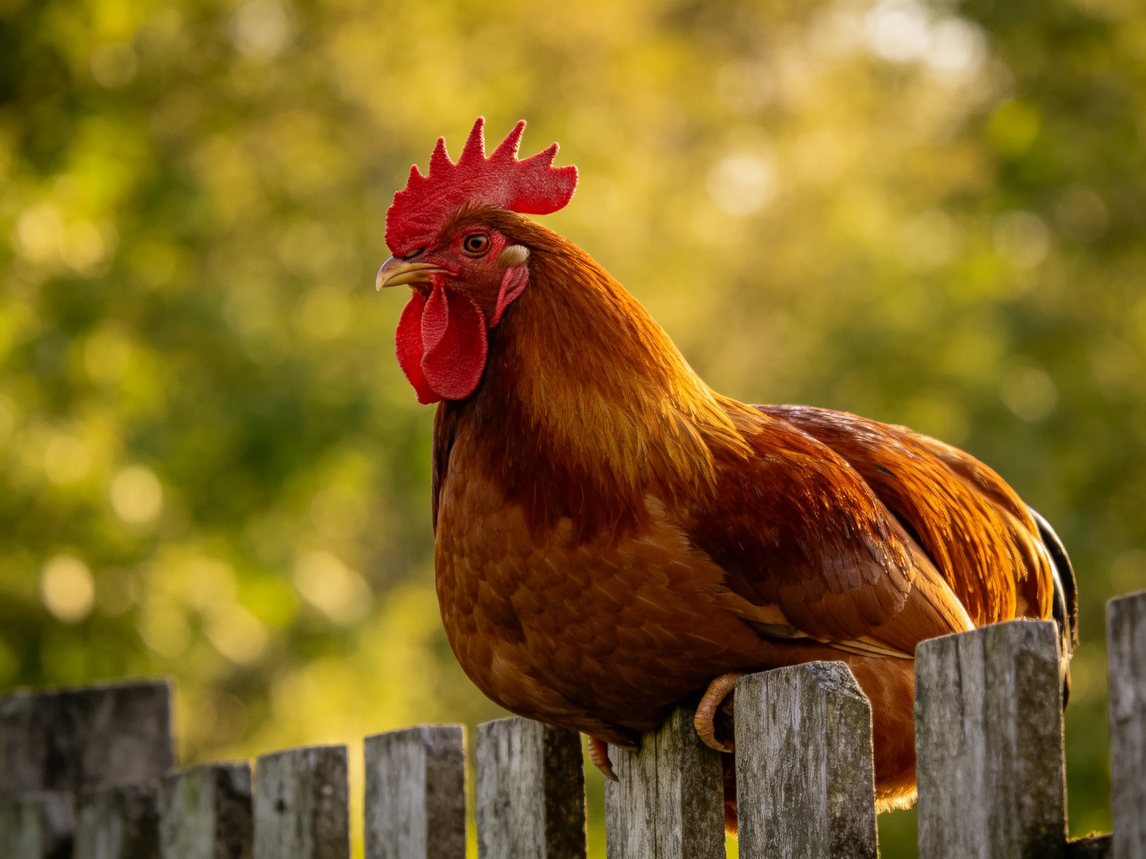 A vibrant red-combed rooster perches on a weathered wooden fence